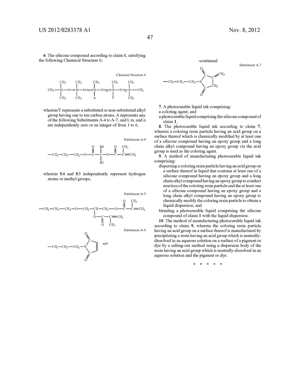 A SILICONE COMPOUND, PHOTOCURABLE LIQUID INK USING THE SILICONE COMPOUND,     AND METHOD OF MANUFACTURING THE INK - diagram, schematic, and image 86