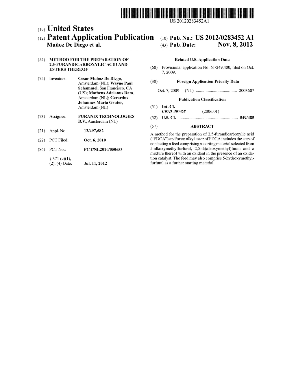 METHOD FOR THE PREPARATION OF 2,5-FURANDICARBOXYLIC ACID AND ESTERS     THEREOF - diagram, schematic, and image 01