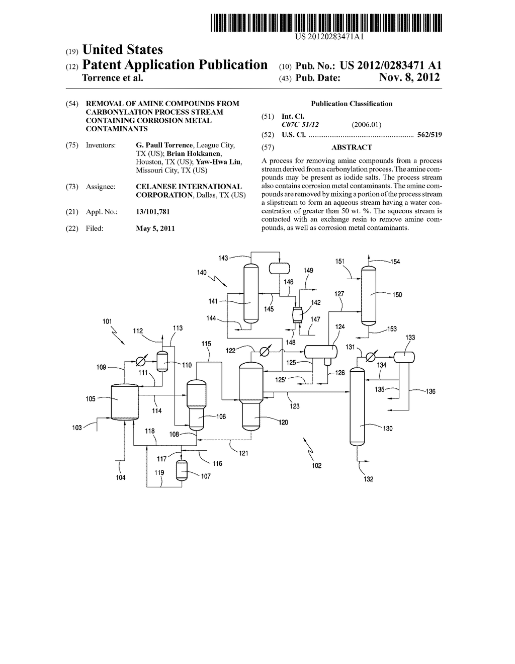 Removal of Amine Compounds from Carbonylation Process Stream Containing     Corrosion Metal Contaminants - diagram, schematic, and image 01