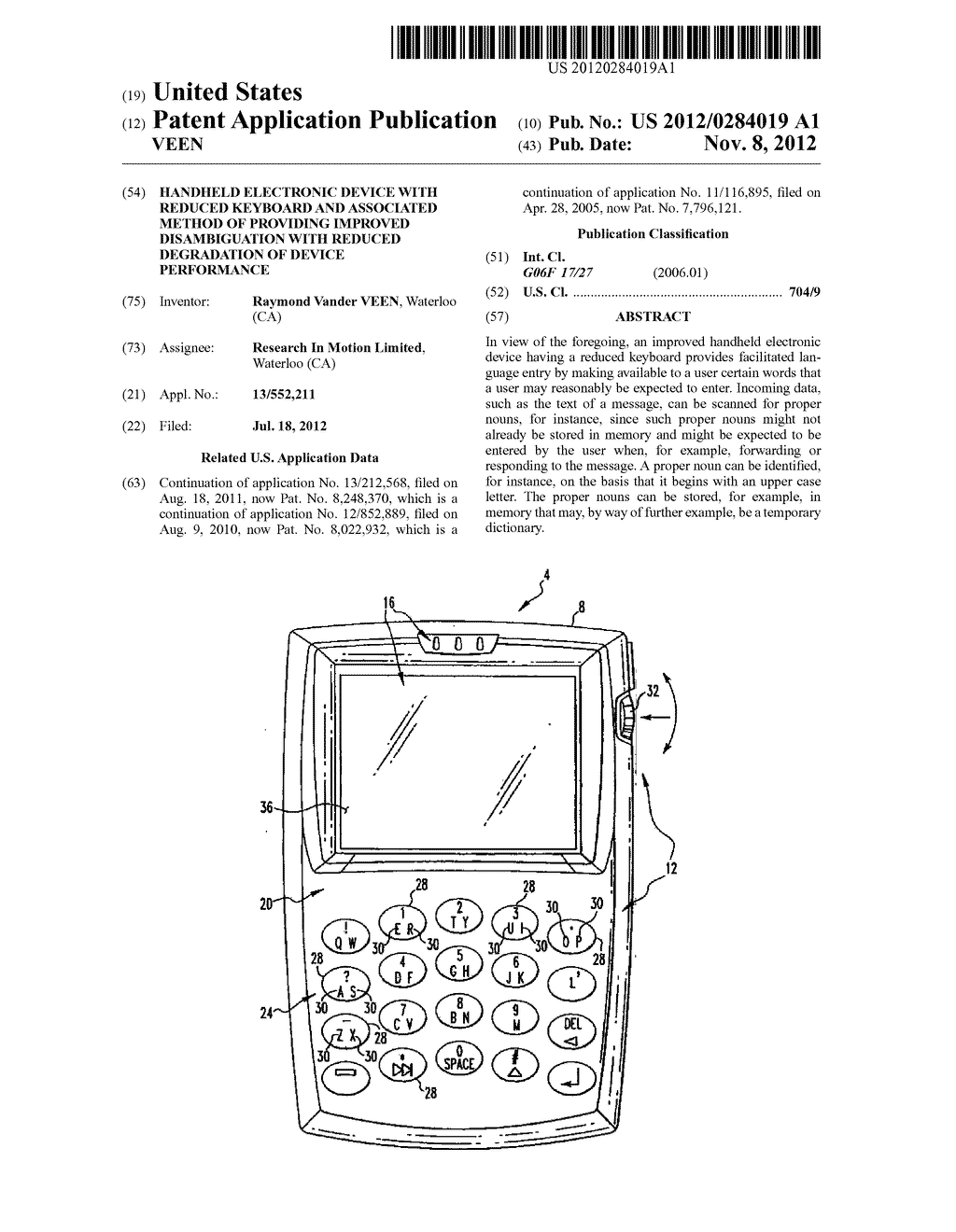 HANDHELD ELECTRONIC DEVICE WITH REDUCED KEYBOARD AND ASSOCIATED METHOD OF     PROVIDING IMPROVED DISAMBIGUATION WITH REDUCED DEGRADATION OF DEVICE     PERFORMANCE - diagram, schematic, and image 01