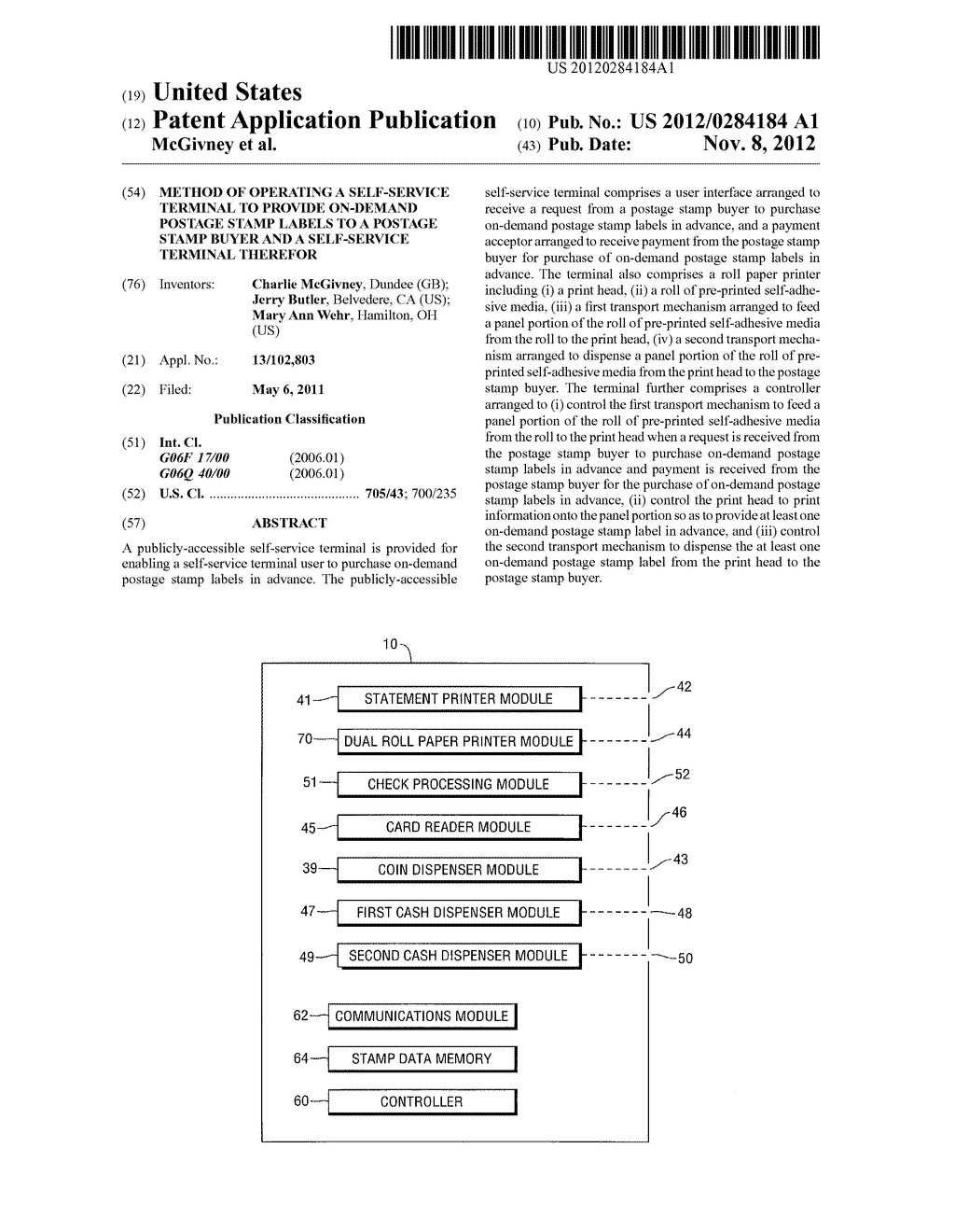 METHOD OF OPERATING A SELF-SERVICE TERMINAL TO PROVIDE ON-DEMAND POSTAGE     STAMP LABELS TO A POSTAGE STAMP BUYER AND A SELF-SERVICE TERMINAL     THEREFOR - diagram, schematic, and image 01