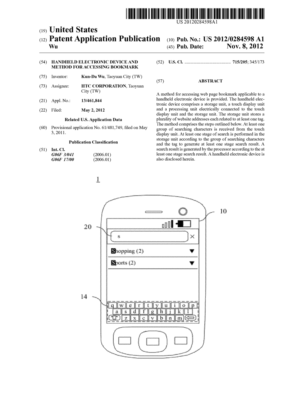 Handheld Electronic Device and Method for Accessing Bookmark - diagram, schematic, and image 01