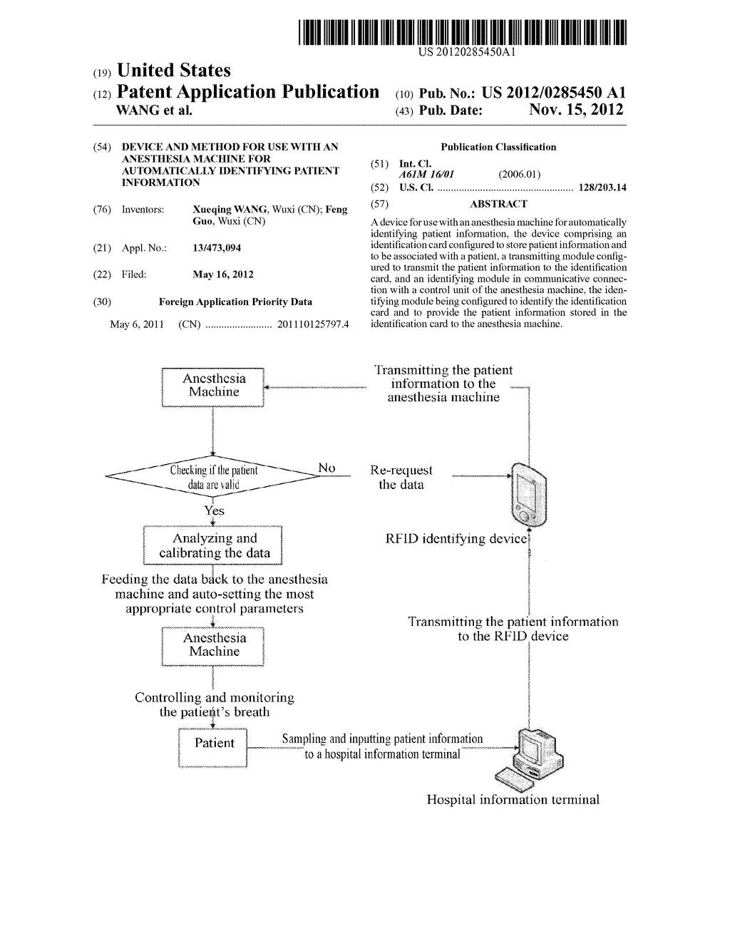 DEVICE AND METHOD FOR USE WITH AN ANESTHESIA MACHINE FOR AUTOMATICALLY     IDENTIFYING PATIENT INFORMATION - diagram, schematic, and image 01