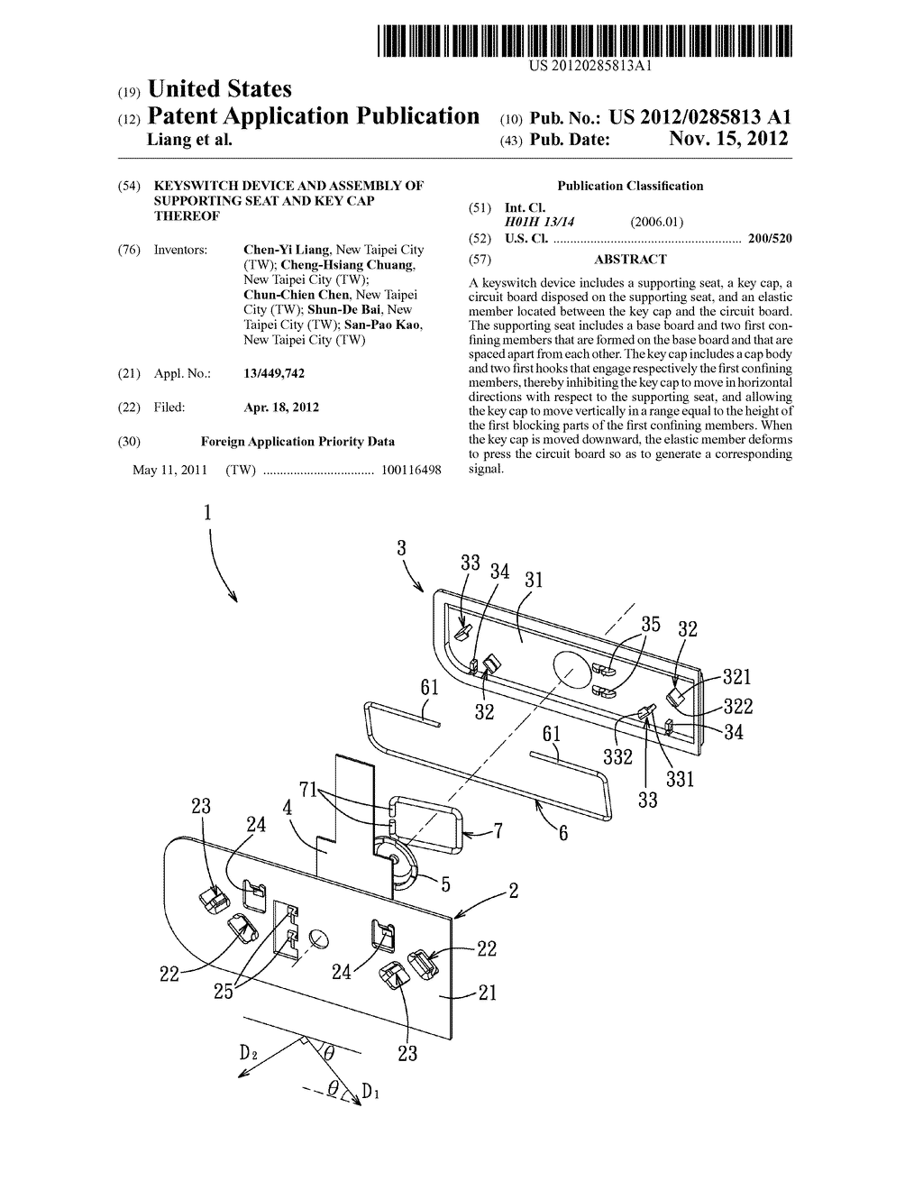 KEYSWITCH DEVICE AND ASSEMBLY OF SUPPORTING SEAT AND KEY CAP THEREOF - diagram, schematic, and image 01