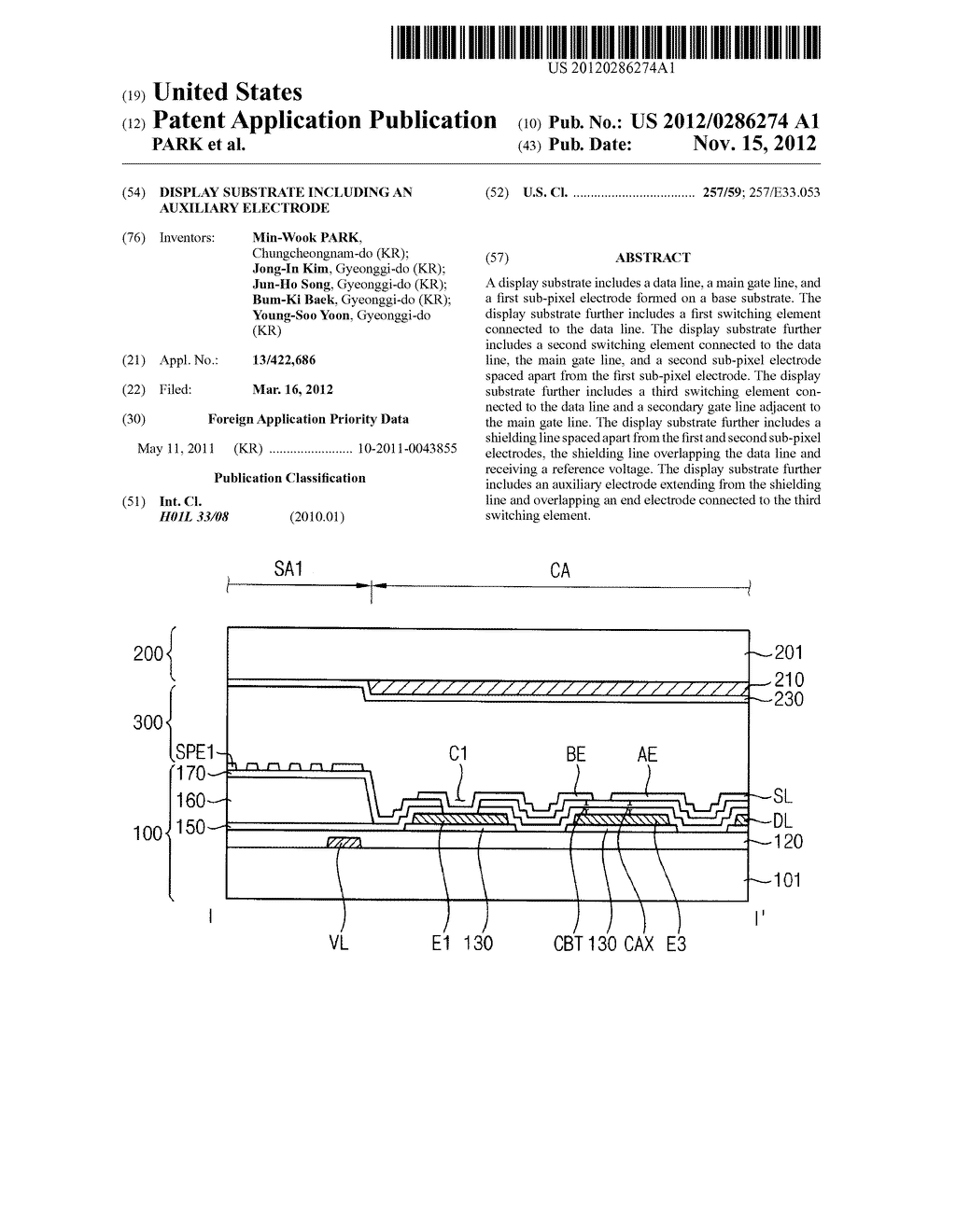 DISPLAY SUBSTRATE INCLUDING AN AUXILIARY ELECTRODE - diagram, schematic, and image 01