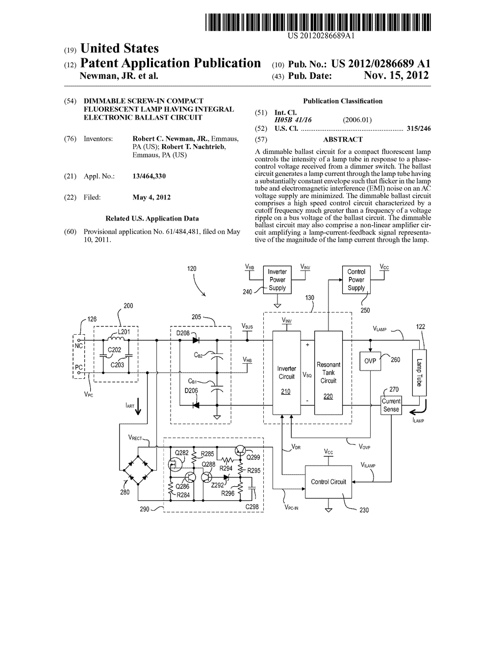 DIMMABLE SCREW-IN COMPACT FLUORESCENT LAMP HAVING INTEGRAL ELECTRONIC     BALLAST CIRCUIT - diagram, schematic, and image 01