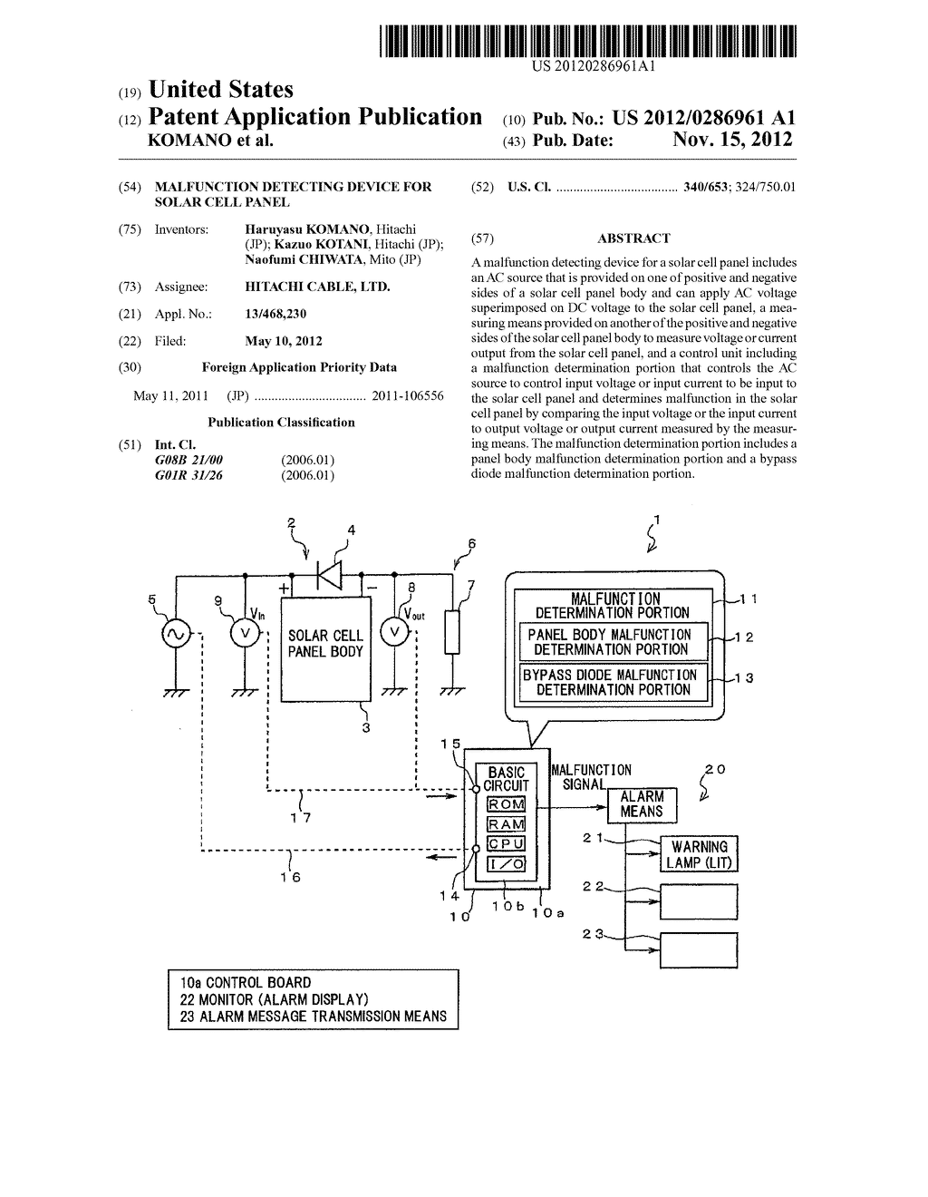 MALFUNCTION DETECTING DEVICE FOR SOLAR CELL PANEL - diagram, schematic, and image 01