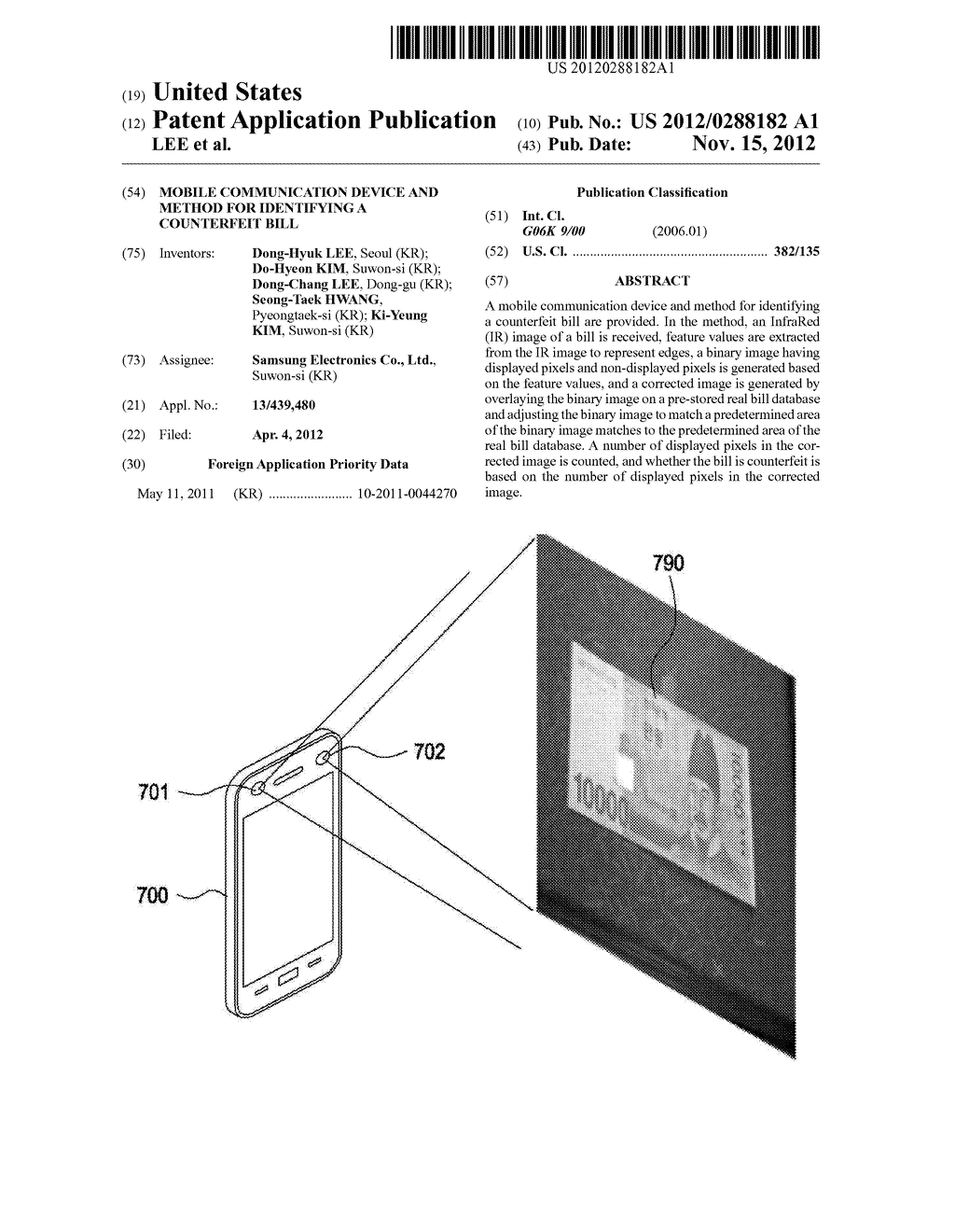 MOBILE COMMUNICATION DEVICE AND METHOD FOR IDENTIFYING A COUNTERFEIT BILL - diagram, schematic, and image 01