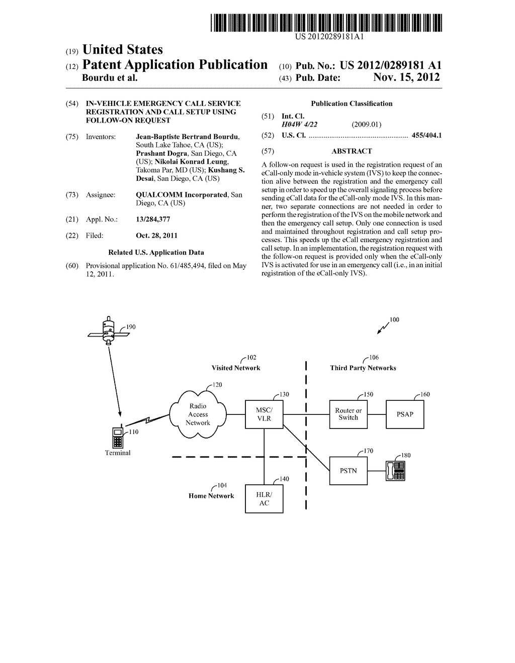 IN-VEHICLE EMERGENCY CALL SERVICE REGISTRATION AND CALL SETUP USING     FOLLOW-ON REQUEST - diagram, schematic, and image 01