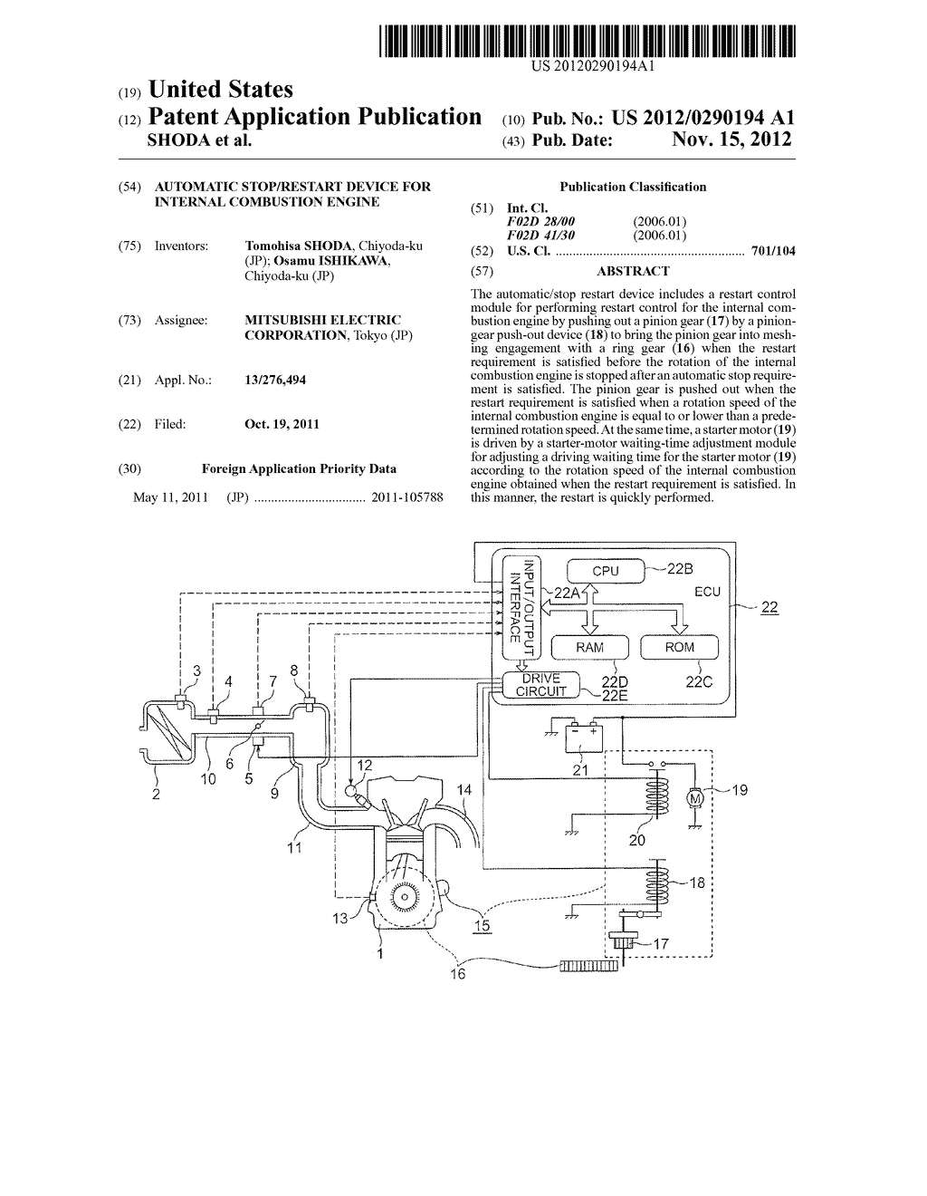 AUTOMATIC STOP/RESTART DEVICE FOR INTERNAL COMBUSTION ENGINE - diagram, schematic, and image 01