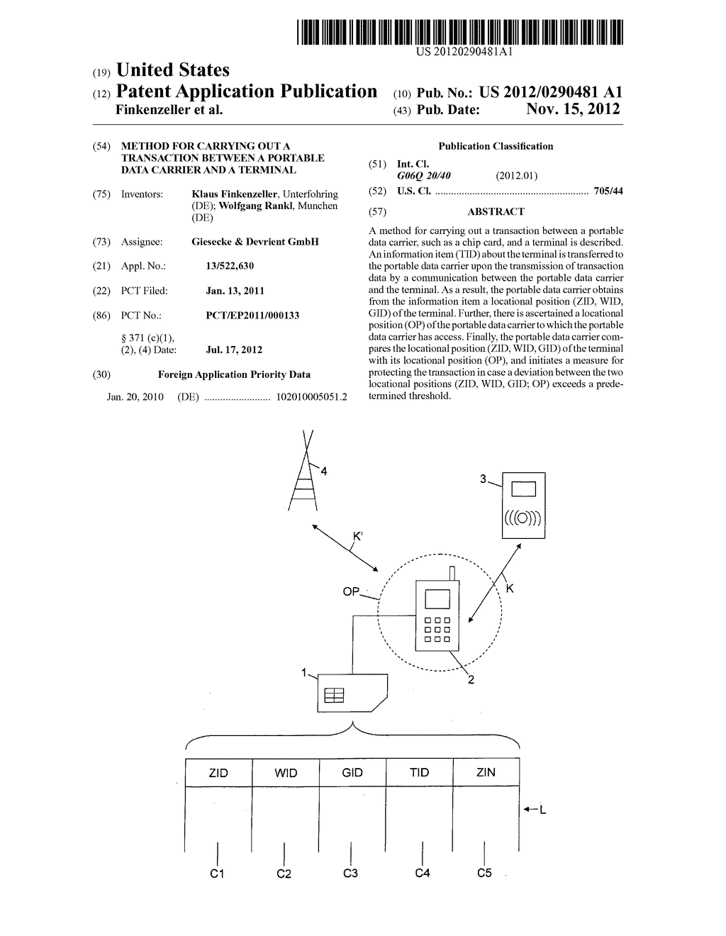 METHOD FOR CARRYING OUT A TRANSACTION BETWEEN A PORTABLE DATA CARRIER AND     A TERMINAL - diagram, schematic, and image 01