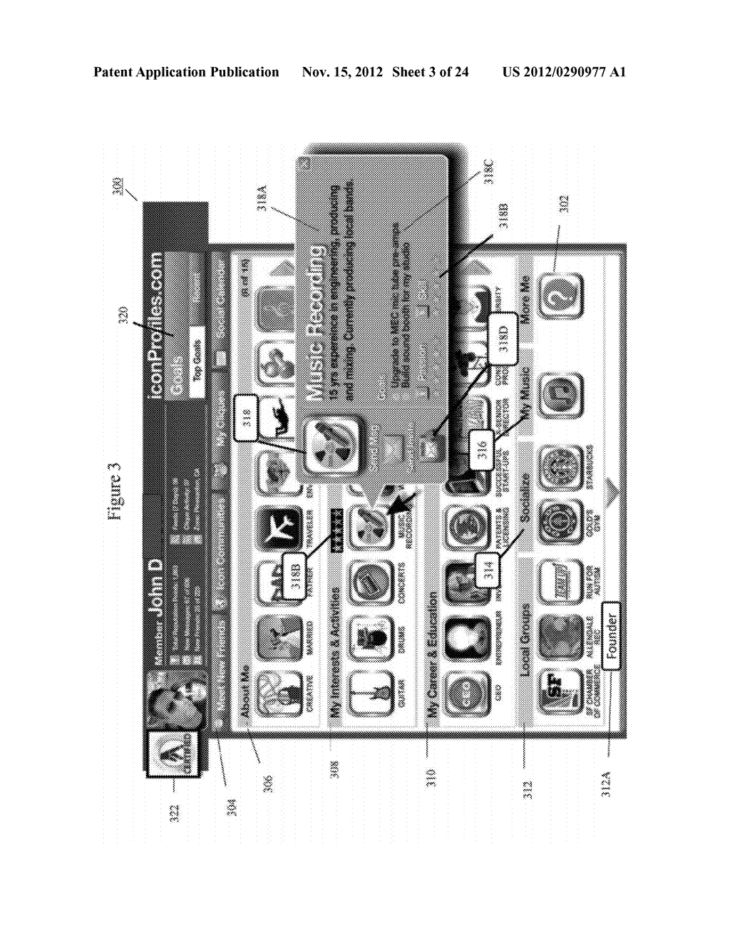 SYSTEM AND METHOD FOR AN INTERACTIVE MOBILE-OPTIMIZED ICON-BASED PROFILE     DISPLAY AND ASSOCIATED SOCIAL NETWORK FUNCTIONALITY - diagram, schematic, and image 04