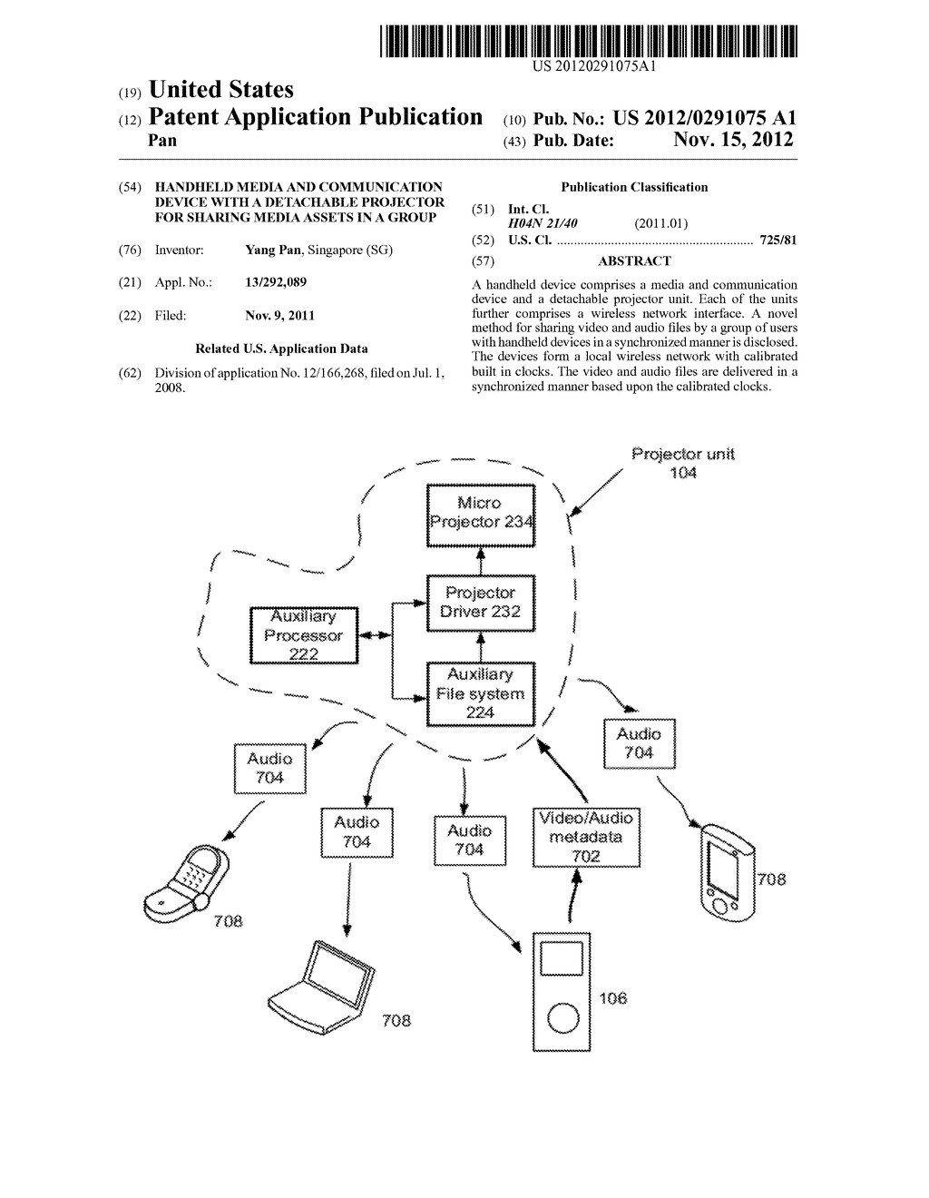 Handheld Media and Communication Device with a Detachable Projector for     Sharing Media Assets in a Group - diagram, schematic, and image 01