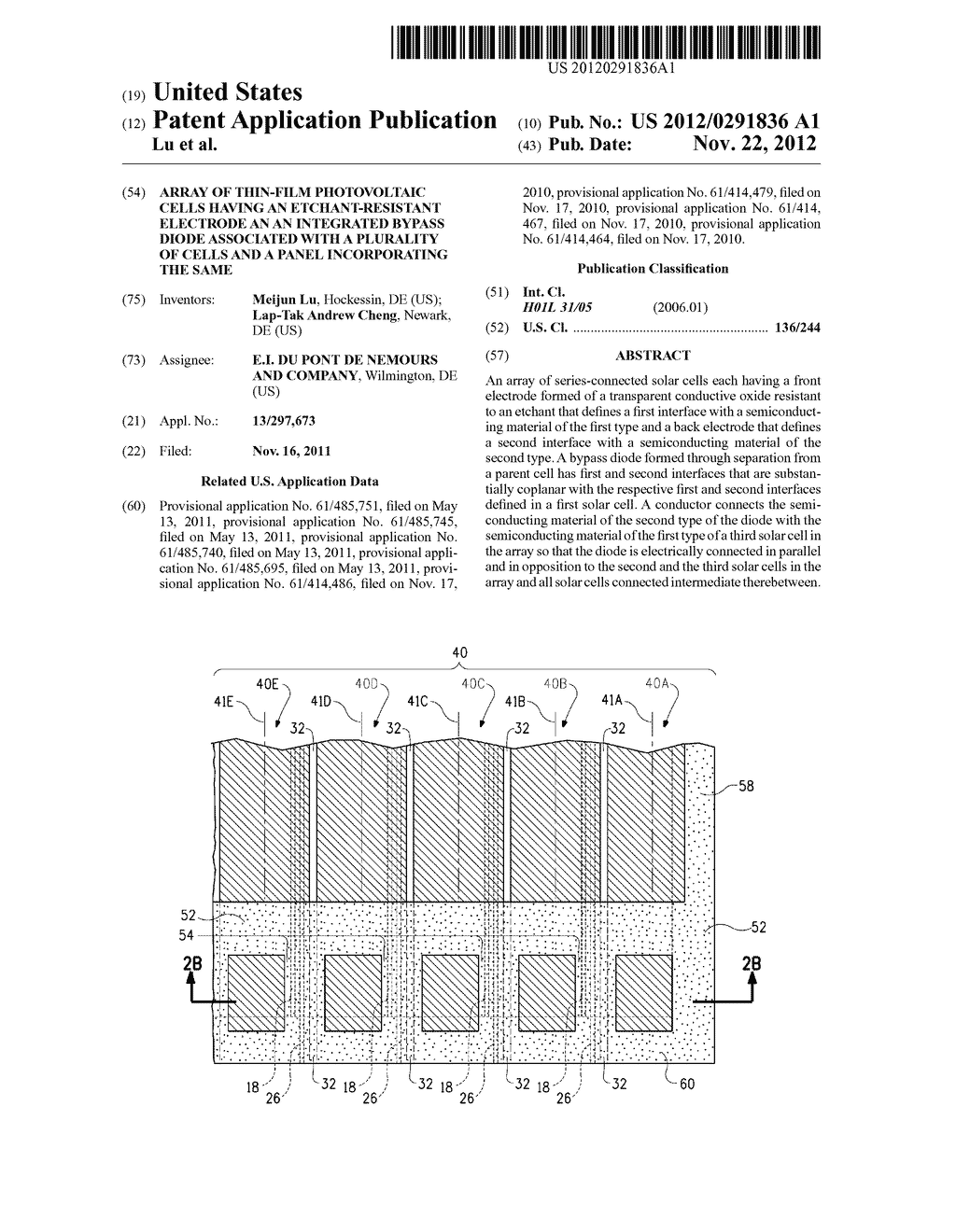 ARRAY OF THIN-FILM PHOTOVOLTAIC CELLS HAVING AN ETCHANT-RESISTANT     ELECTRODE AN AN INTEGRATED BYPASS DIODE ASSOCIATED WITH A PLURALITY OF     CELLS AND A PANEL INCORPORATING THE SAME - diagram, schematic, and image 01