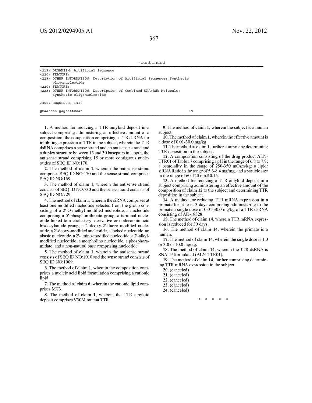 Lipid Formulated Compositions And Methods For Inhibiting Expression Of     Transthyretin (TTR) - diagram, schematic, and image 394