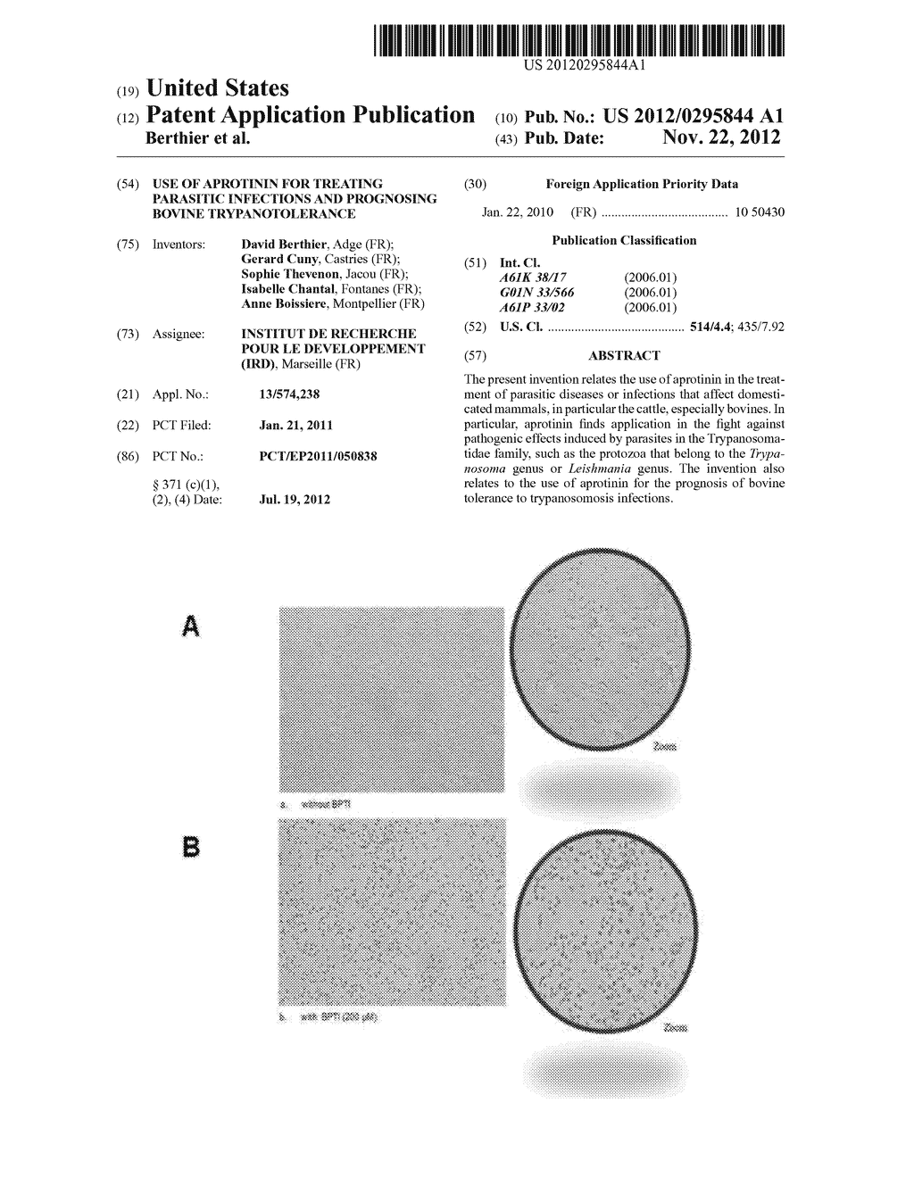 USE OF APROTININ FOR TREATING PARASITIC INFECTIONS AND PROGNOSING BOVINE     TRYPANOTOLERANCE - diagram, schematic, and image 01