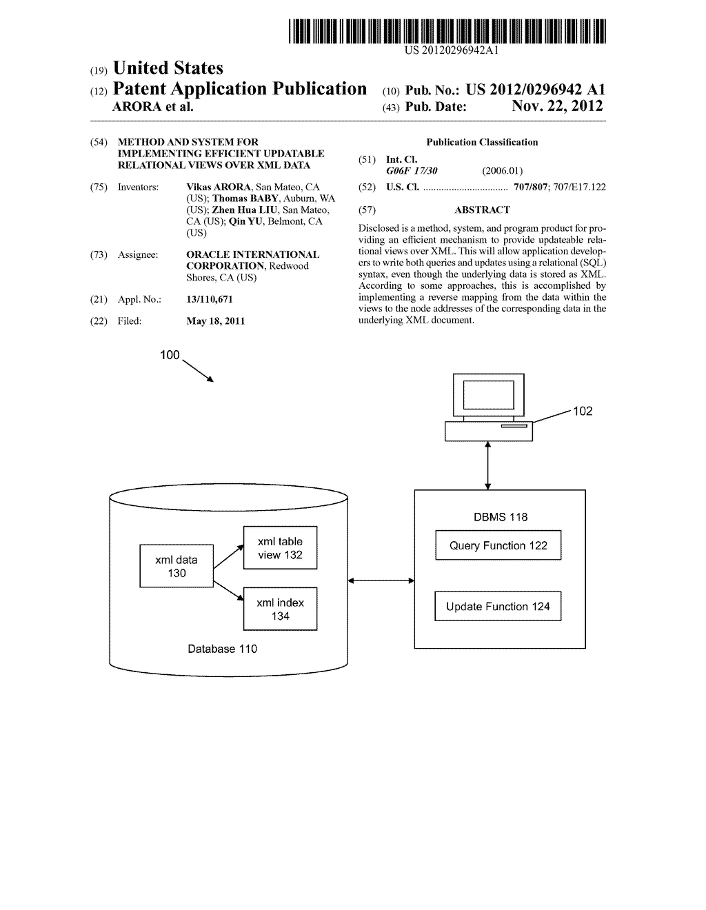 METHOD AND SYSTEM FOR IMPLEMENTING EFFICIENT UPDATABLE RELATIONAL VIEWS     OVER XML DATA - diagram, schematic, and image 01