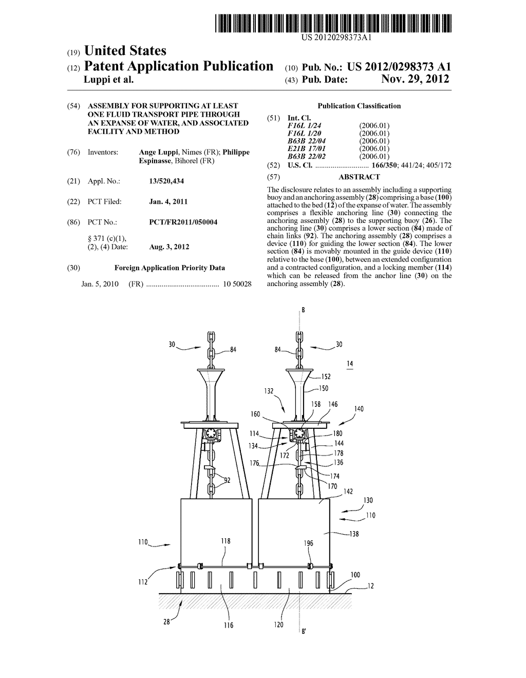 ASSEMBLY FOR SUPPORTING AT LEAST ONE FLUID TRANSPORT PIPE THROUGH AN     EXPANSE OF WATER, AND ASSOCIATED FACILITY AND METHOD - diagram, schematic, and image 01