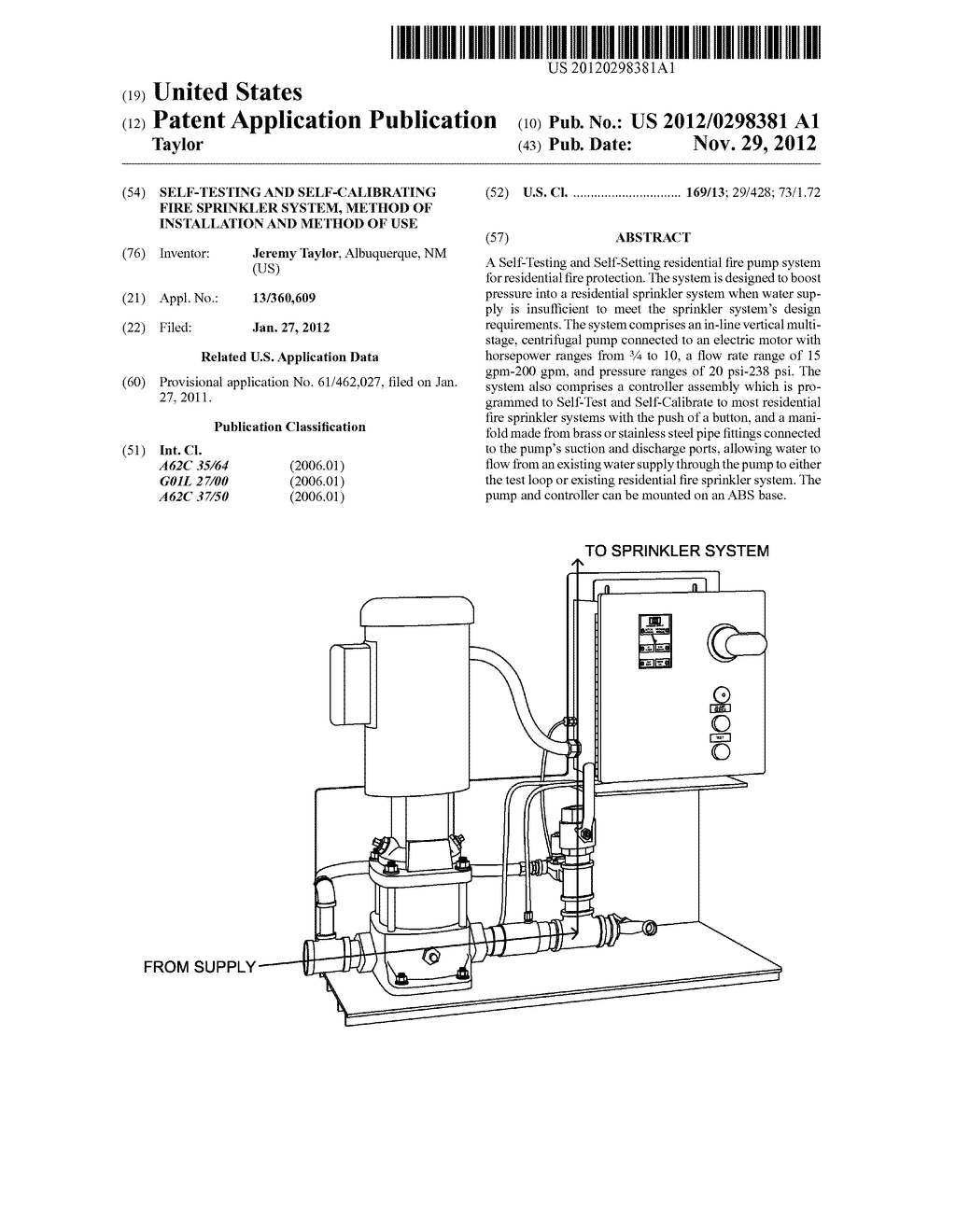 Self-testing and self-calibrating fire sprinkler system, method of     installation and method of use - diagram, schematic, and image 01