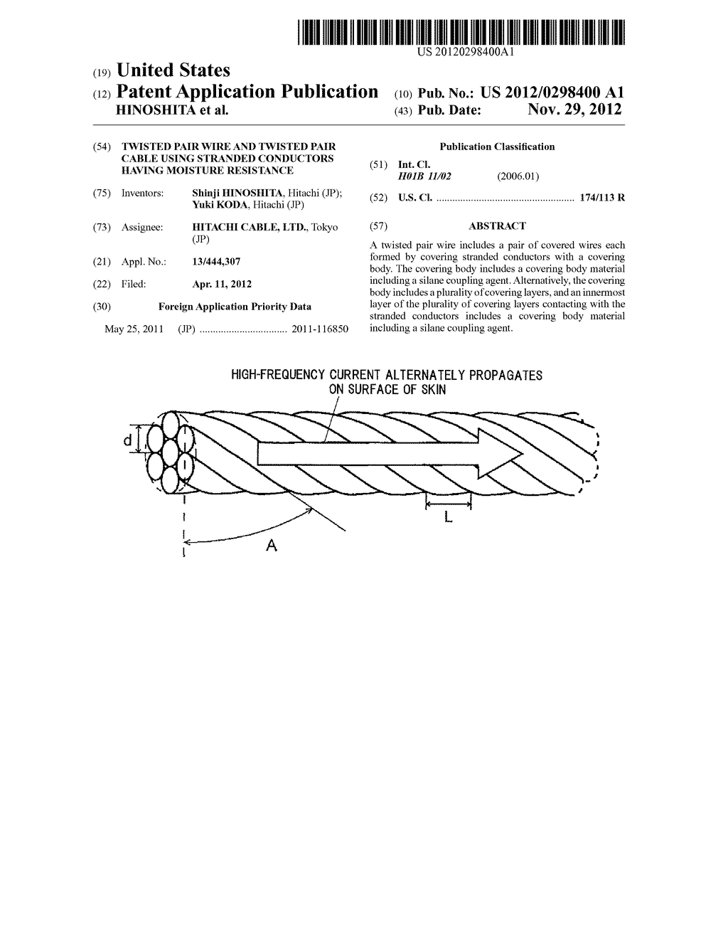 TWISTED PAIR WIRE AND TWISTED PAIR CABLE USING STRANDED CONDUCTORS HAVING     MOISTURE RESISTANCE - diagram, schematic, and image 01