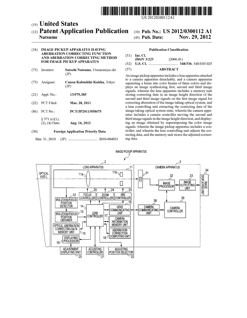 IMAGE PICKUP APPARATUS HAVING ABERRATION CORRECTING FUNCTION AND     ABERRATION CORRECTING METHOD FOR IMAGE PICKUP APPARATUS - diagram, schematic, and image 01