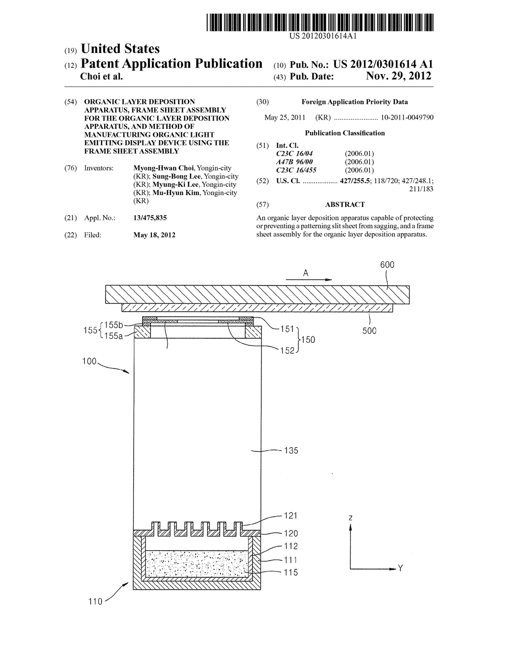 Organic Layer Deposition Apparatus, Frame Sheet Assembly for the Organic     Layer Deposition Apparatus, and Method of Manufacturing Organic Light     Emitting Display Device Using the Frame Sheet Assembly - diagram, schematic, and image 01