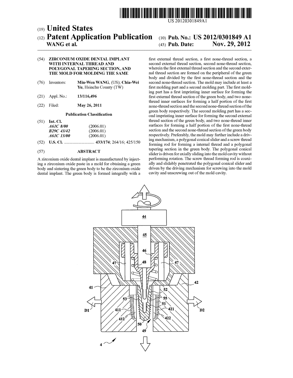 ZIRCONIUM OXIDE DENTAL IMPLANT WITH INTERNAL THREAD AND POLYGONAL TAPERING     SECTION, AND THE MOLD FOR MOLDING THE SAME - diagram, schematic, and image 01