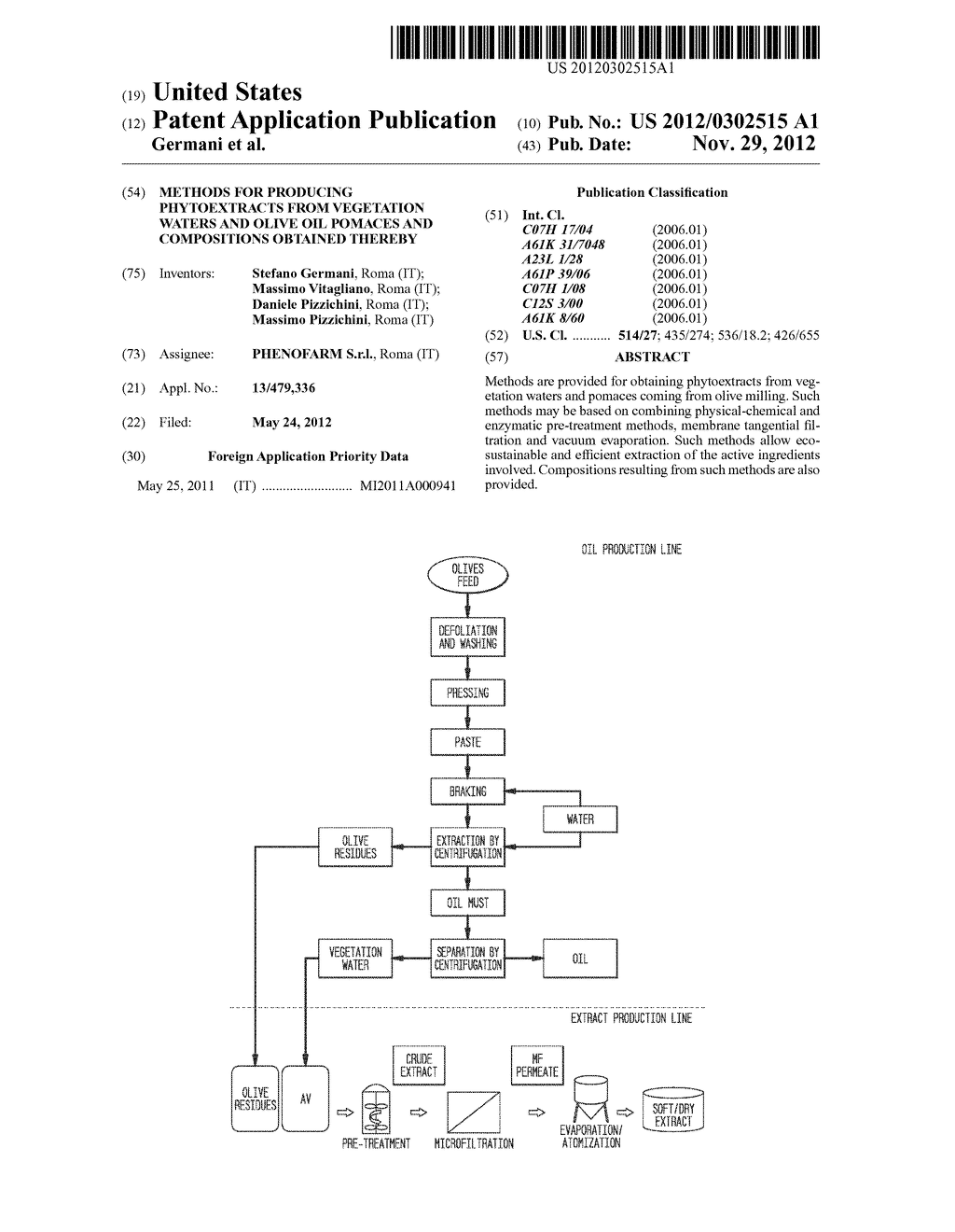 METHODS FOR PRODUCING PHYTOEXTRACTS FROM VEGETATION WATERS AND OLIVE OIL     POMACES AND COMPOSITIONS OBTAINED THEREBY - diagram, schematic, and image 01