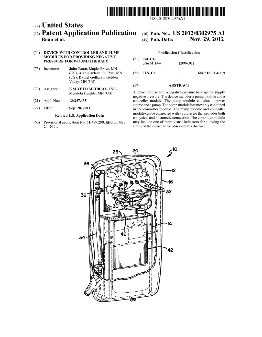 DEVICE WITH CONTROLLER AND PUMP MODULES FOR PROVIDING NEGATIVE PRESSURE     FOR WOUND THERAPY - diagram, schematic, and image 01