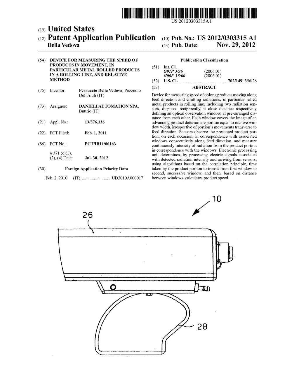 Device for Measuring the Speed of Products in Movement, in Particular     Metal Rolled Products in a Rolling Line, and Relative Method - diagram, schematic, and image 01