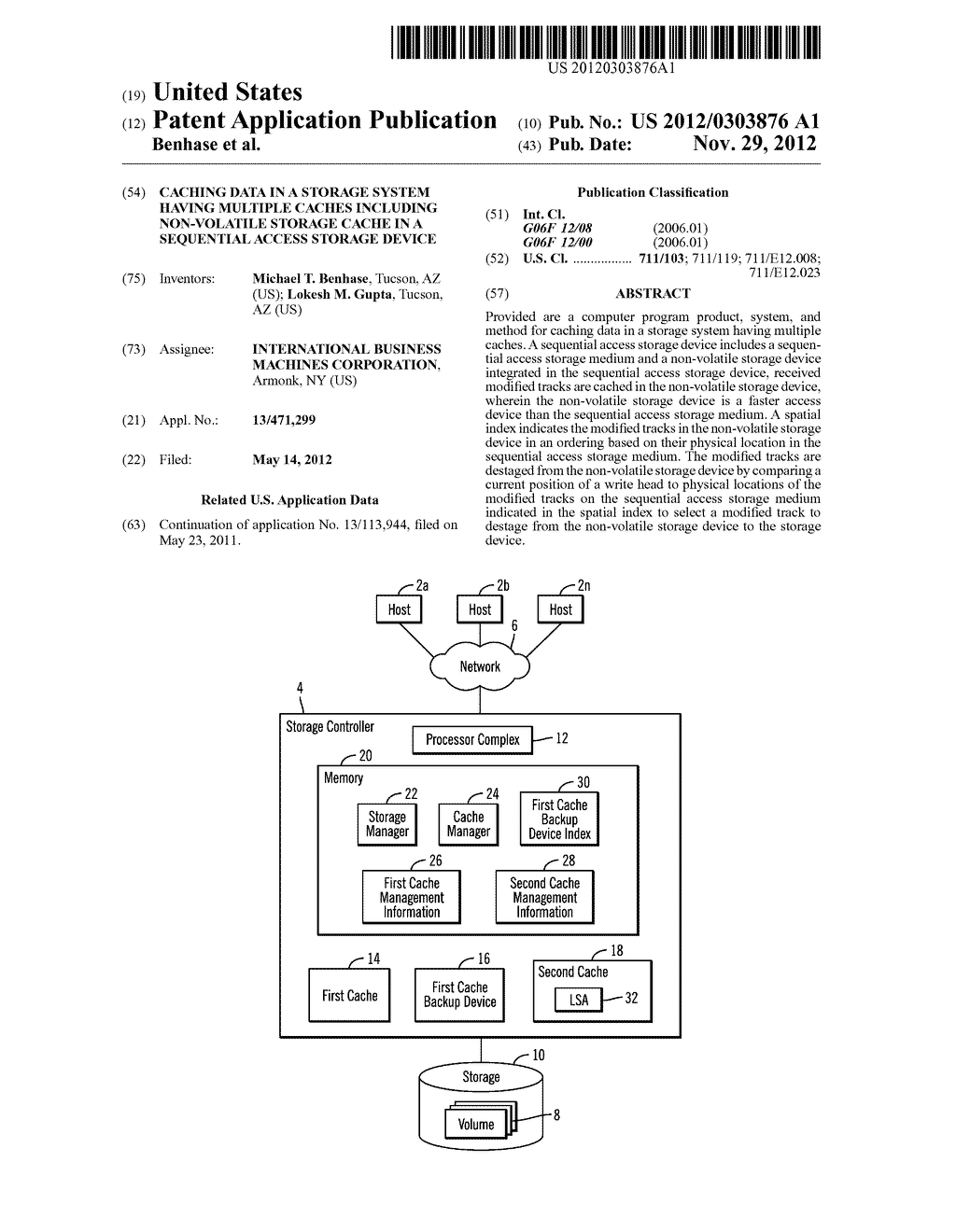 CACHING DATA IN A STORAGE SYSTEM  HAVING MULTIPLE CACHES INCLUDING     NON-VOLATILE STORAGE CACHE IN A SEQUENTIAL ACCESS STORAGE DEVICE - diagram, schematic, and image 01