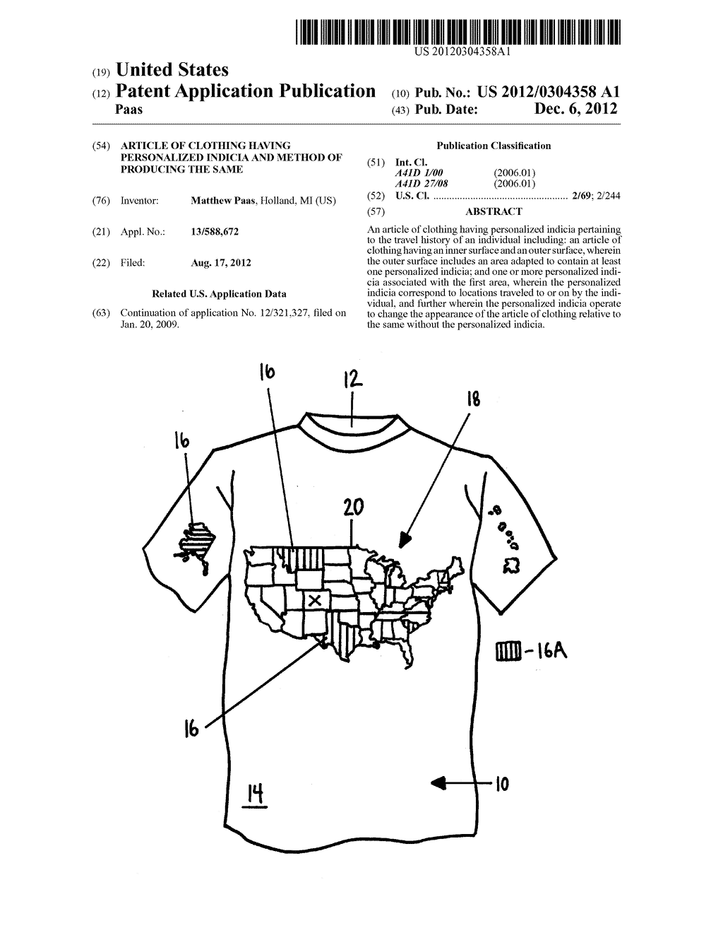 ARTICLE OF CLOTHING HAVING PERSONALIZED INDICIA AND METHOD OF PRODUCING     THE SAME - diagram, schematic, and image 01