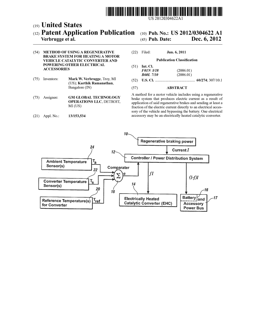 METHOD OF USING A REGENERATIVE BRAKE SYSTEM FOR HEATING A MOTOR VEHICLE     CATALYTIC CONVERTER AND POWERING OTHER ELECTRICAL ACCESSORIES - diagram, schematic, and image 01