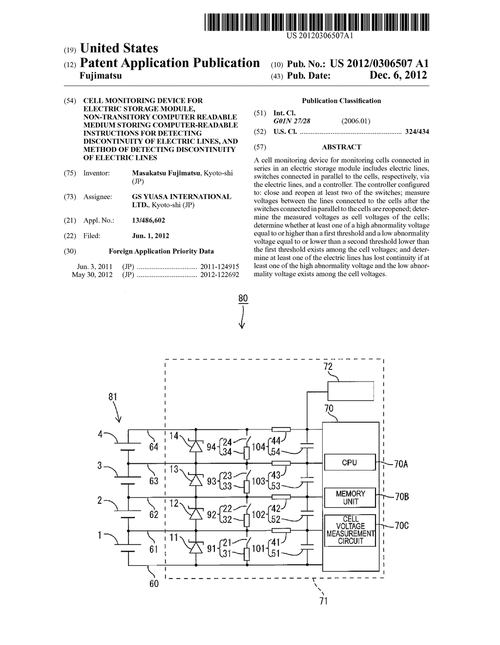 CELL MONITORING DEVICE FOR ELECTRIC STORAGE MODULE, NON-TRANSITORY     COMPUTER READABLE MEDIUM STORING COMPUTER-READABLE INSTRUCTIONS FOR     DETECTING DISCONTINUITY OF ELECTRIC LINES, AND METHOD OF DETECTING     DISCONTINUITY OF ELECTRIC LINES - diagram, schematic, and image 01