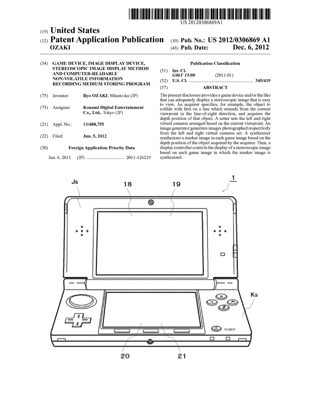 GAME DEVICE, IMAGE DISPLAY DEVICE, STEREOSCOPIC IMAGE DISPLAY METHOD AND     COMPUTER-READABLE NON-VOLATILE INFORMATION RECORDING MEDIUM STORING     PROGRAM - diagram, schematic, and image 01