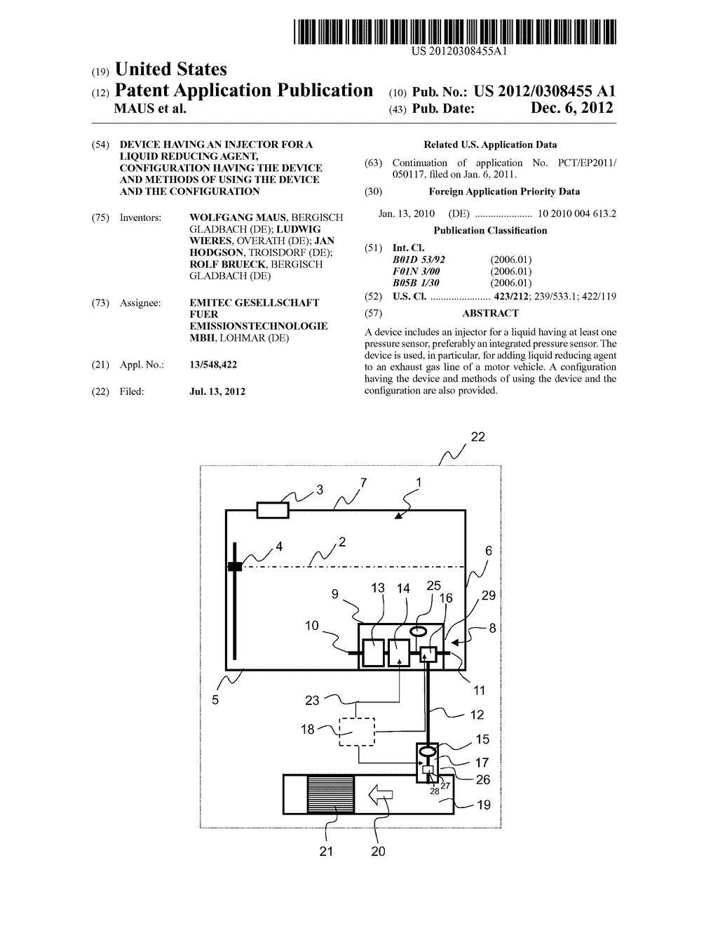 DEVICE HAVING AN INJECTOR FOR A LIQUID REDUCING AGENT, CONFIGURATION     HAVING THE DEVICE AND METHODS OF USING THE DEVICE AND THE CONFIGURATION - diagram, schematic, and image 01