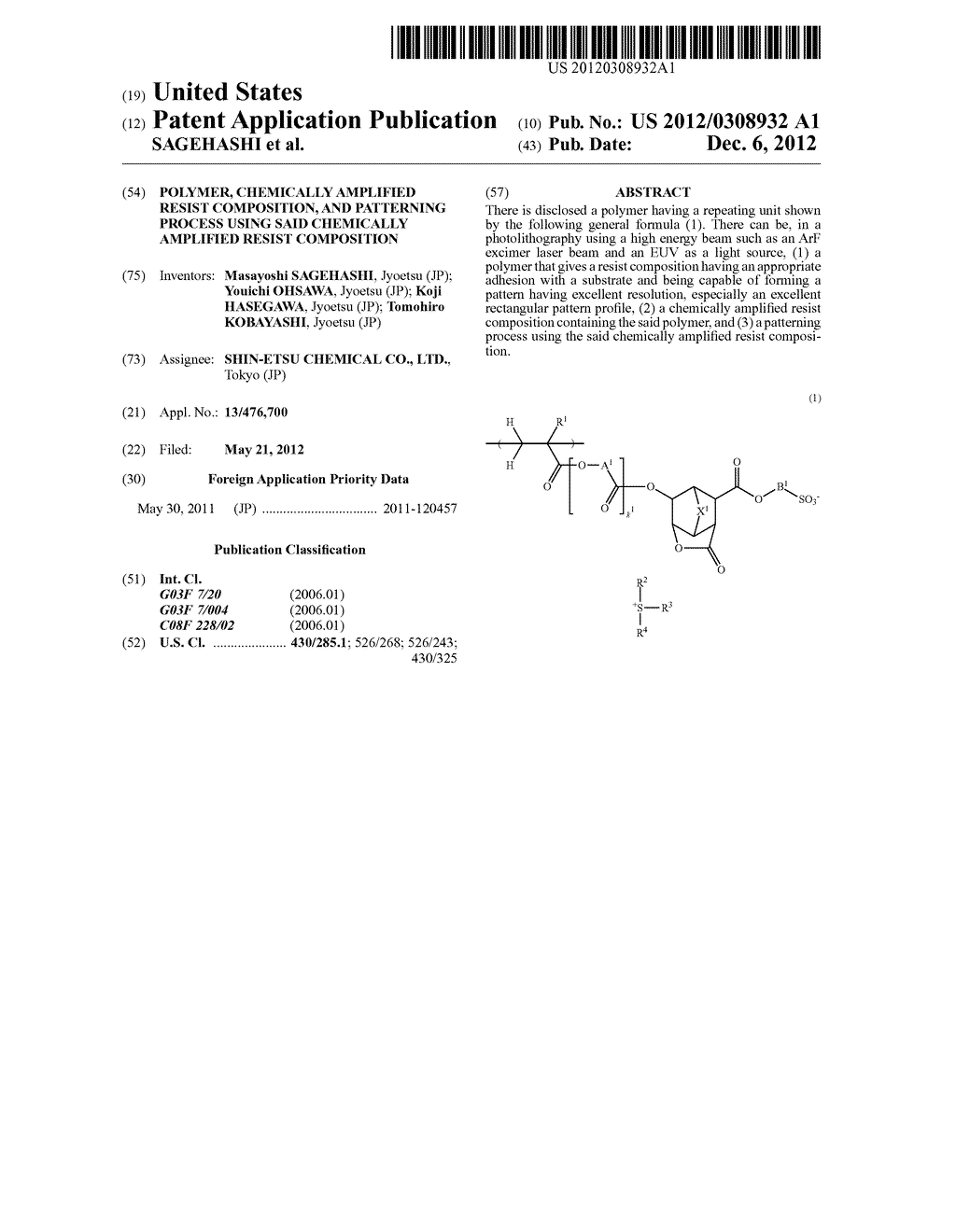 POLYMER, CHEMICALLY AMPLIFIED RESIST COMPOSITION, AND PATTERNING PROCESS     USING SAID CHEMICALLY AMPLIFIED RESIST COMPOSITION - diagram, schematic, and image 01