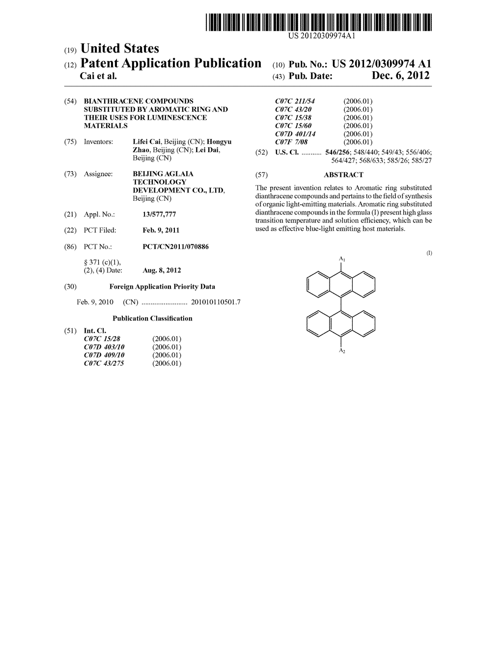 Bianthracene compounds substituted by aromatic ring and their uses for     luminescence materials - diagram, schematic, and image 01