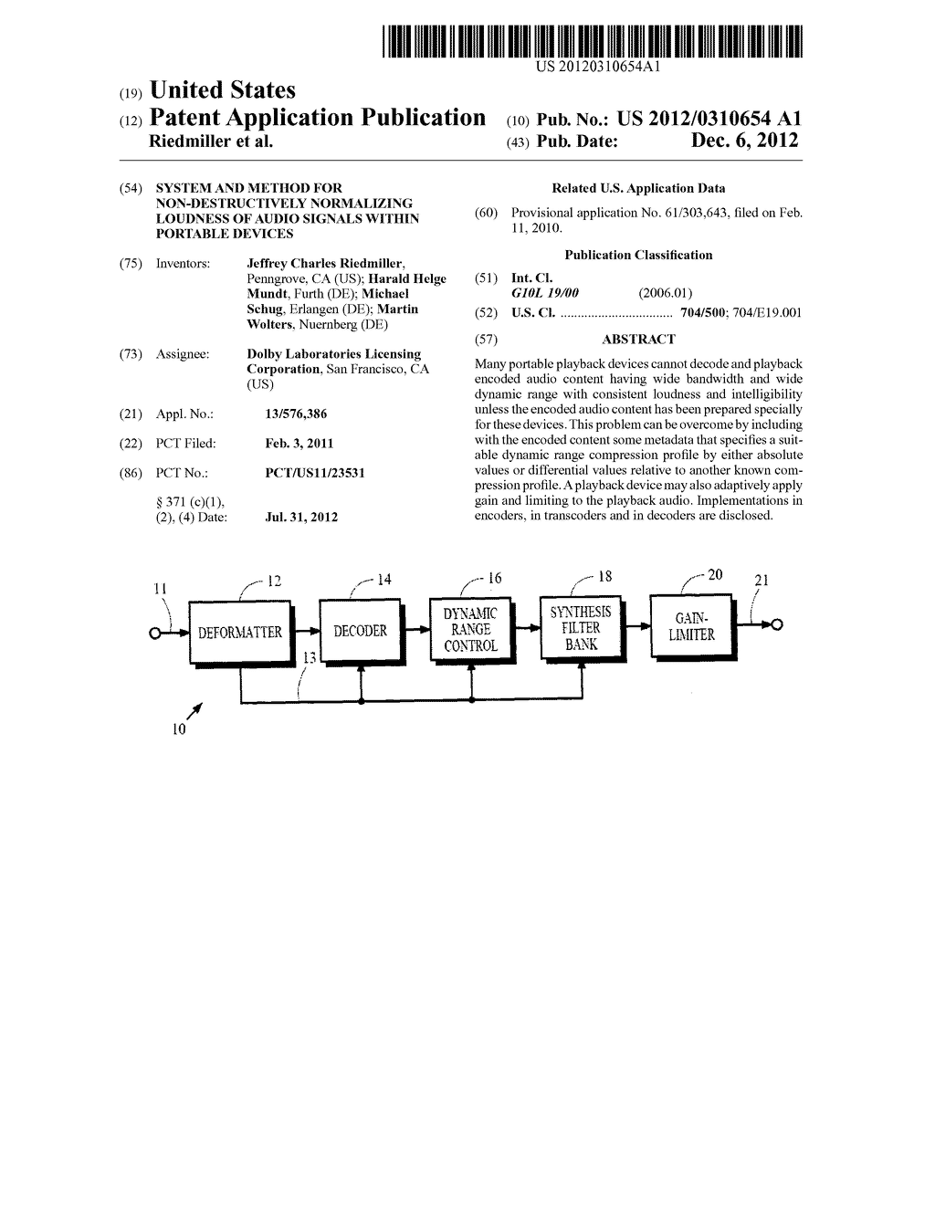 System and Method for Non-destructively Normalizing Loudness of Audio     Signals Within Portable Devices - diagram, schematic, and image 01