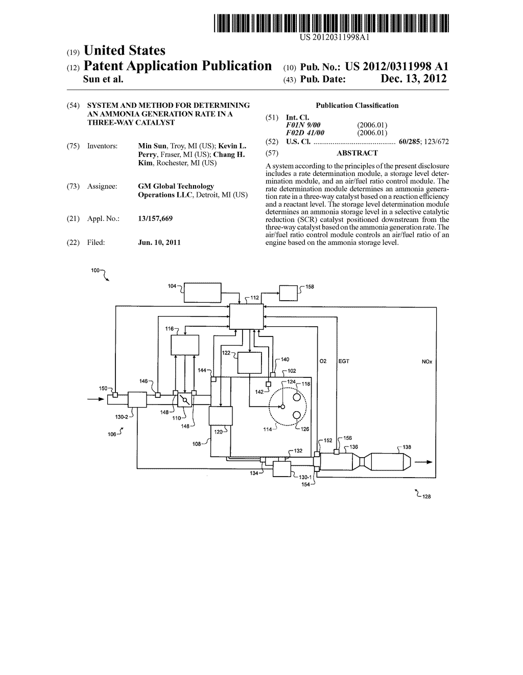 SYSTEM AND METHOD FOR DETERMINING AN AMMONIA GENERATION RATE IN A     THREE-WAY CATALYST - diagram, schematic, and image 01