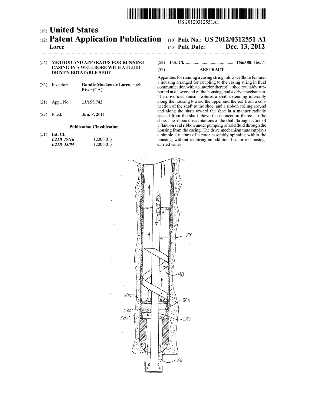 Method and Apparatus for Running Casing in a Wellbore with a Fluid Driven     Rotatable Shoe - diagram, schematic, and image 01