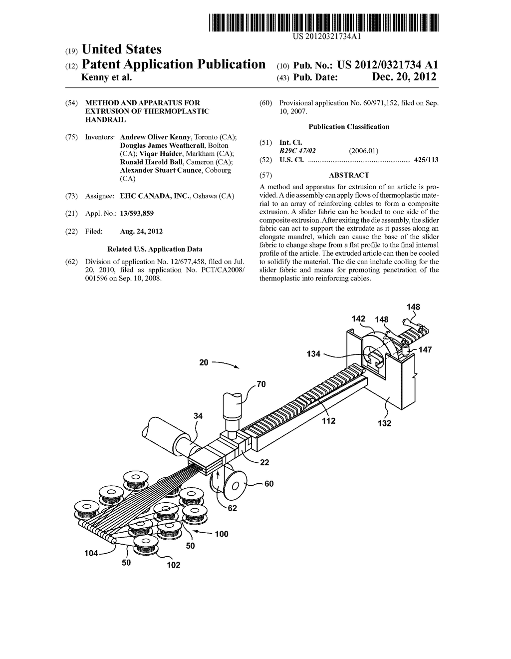 METHOD AND APPARATUS FOR EXTRUSION OF THERMOPLASTIC HANDRAIL - diagram, schematic, and image 01