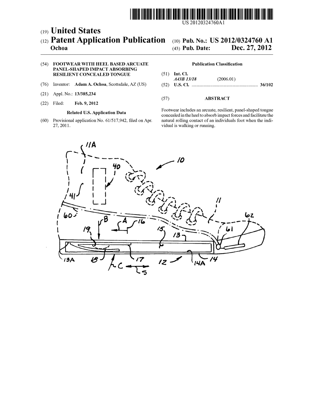 Footwear with heel based arcuate panel-shaped impact absorbing resilient     concealed tongue - diagram, schematic, and image 01