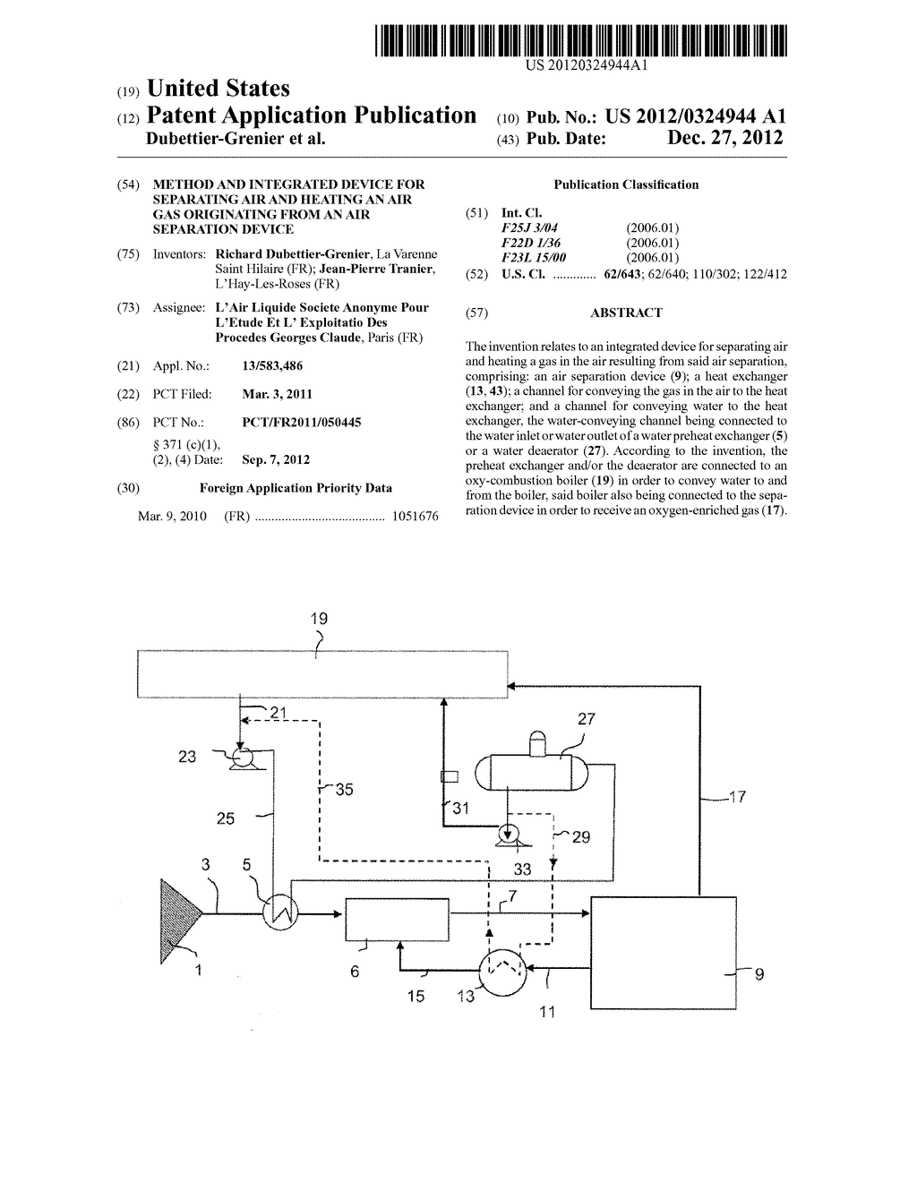 METHOD AND INTEGRATED DEVICE FOR SEPARATING AIR AND HEATING AN AIR GAS     ORIGINATING FROM AN AIR SEPARATION DEVICE - diagram, schematic, and image 01