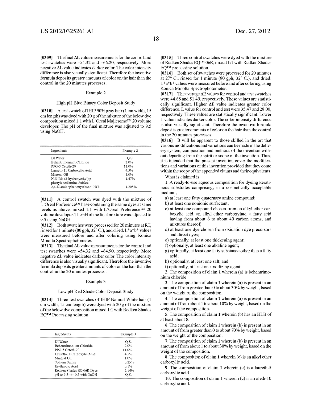 EMULSION DYEING COMPOSITION CONTAINING AT LEAST ONE QUATERNARY AMINE, AT     LEAST ONE NONIONIC SURFACTANT AND AT LEAST ONE CARBOXYLIC ACID AND METHOD     OF USING THE SAME - diagram, schematic, and image 19