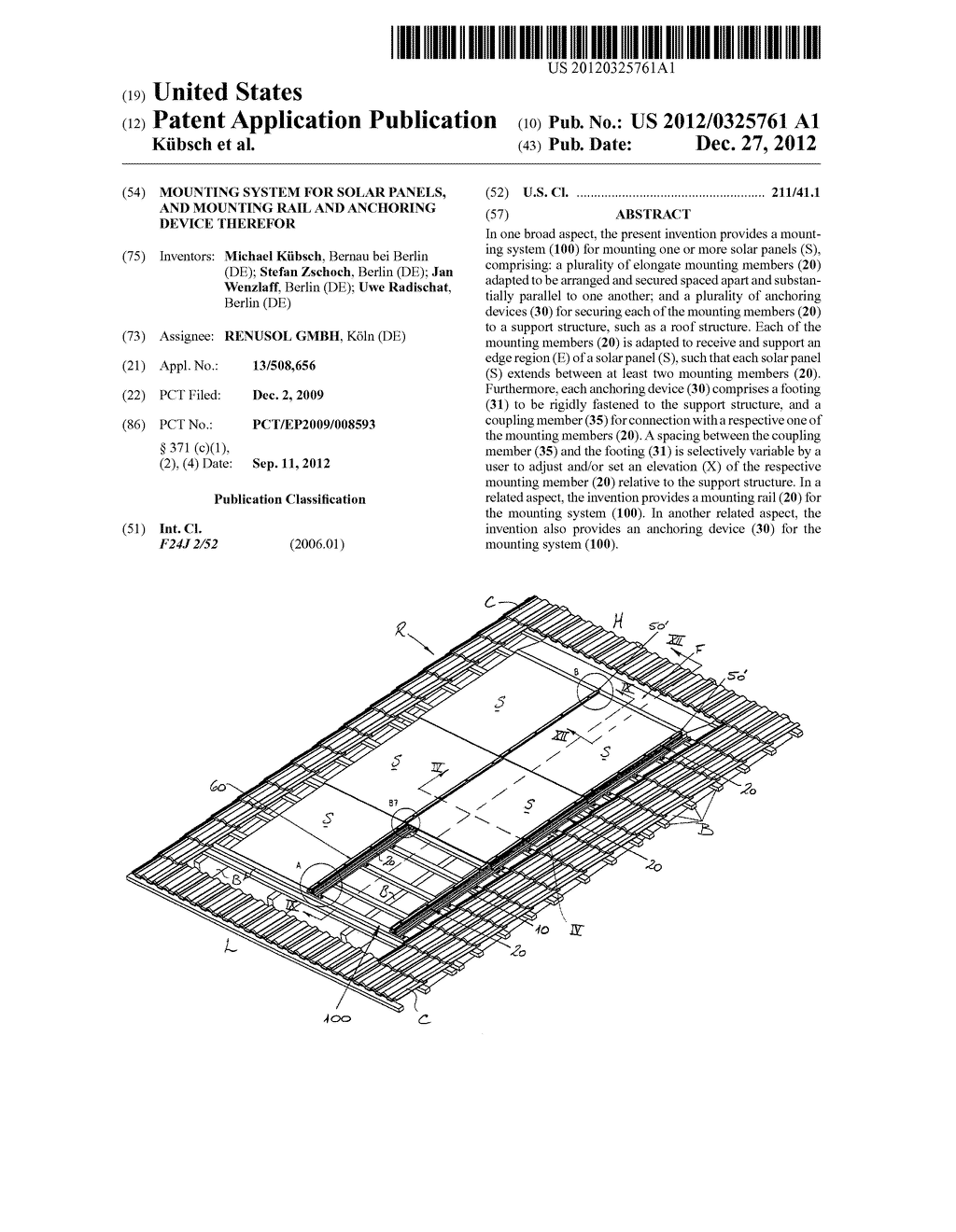 MOUNTING SYSTEM FOR SOLAR PANELS, AND MOUNTING RAIL AND ANCHORING DEVICE     THEREFOR - diagram, schematic, and image 01