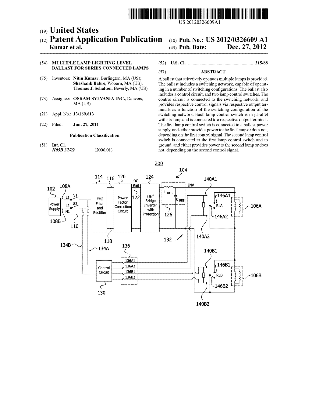 MULTIPLE LAMP LIGHTING LEVEL BALLAST FOR SERIES CONNECTED LAMPS - diagram, schematic, and image 01