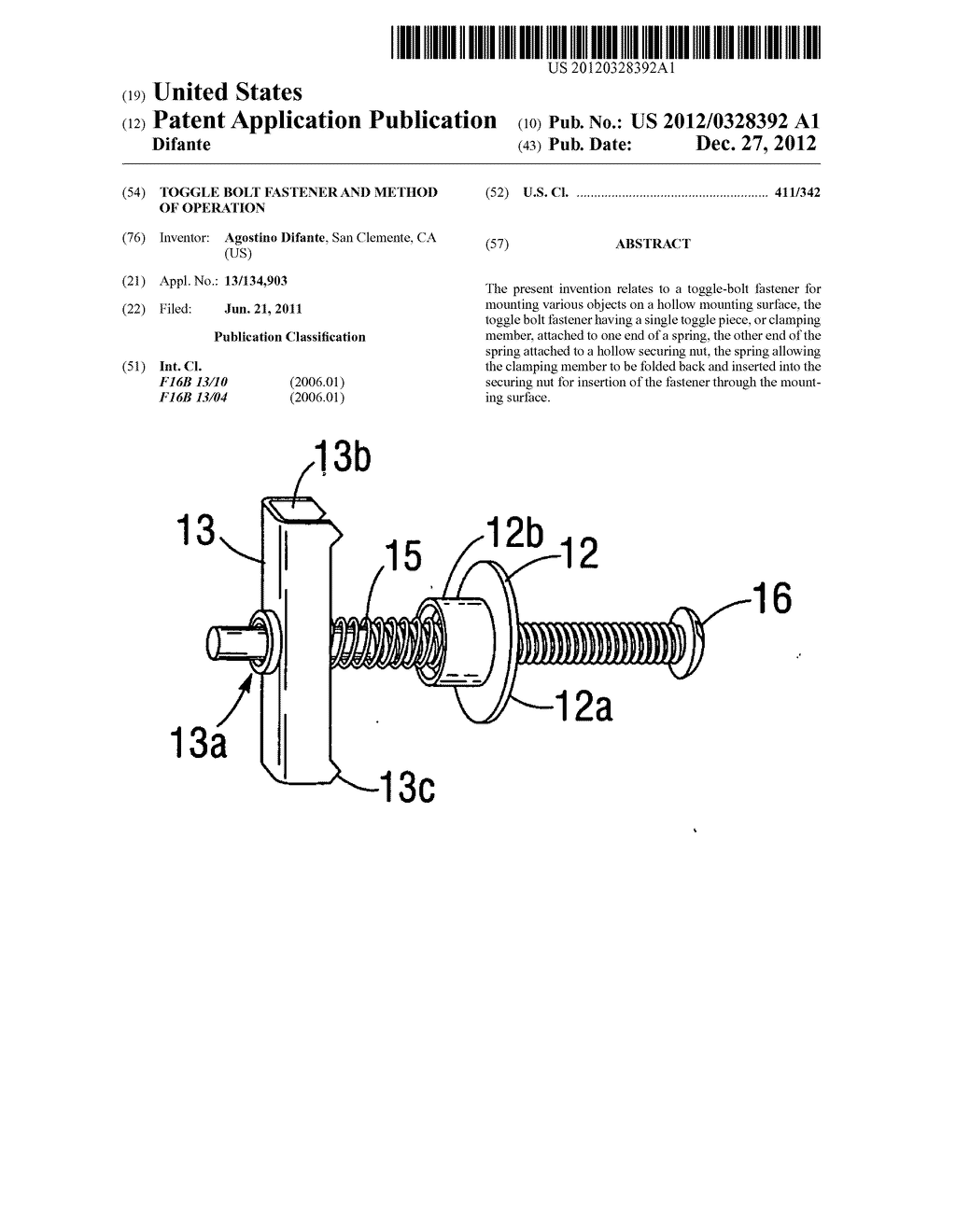 Toggle bolt fastener and method of operation - diagram, schematic, and image 01