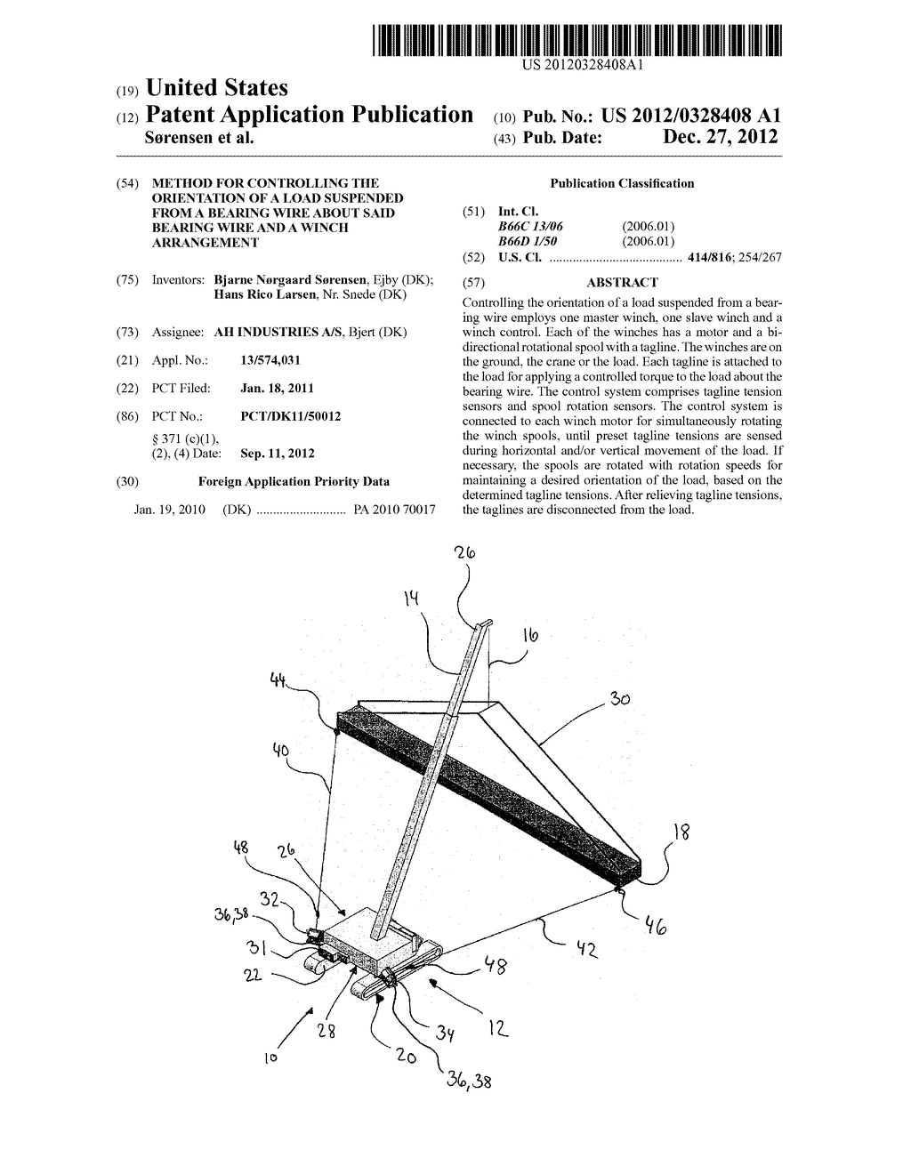 Method for Controlling the Orientation of a Load Suspended from a Bearing     Wire About Said Bearing Wire and a Winch Arrangement - diagram, schematic, and image 01