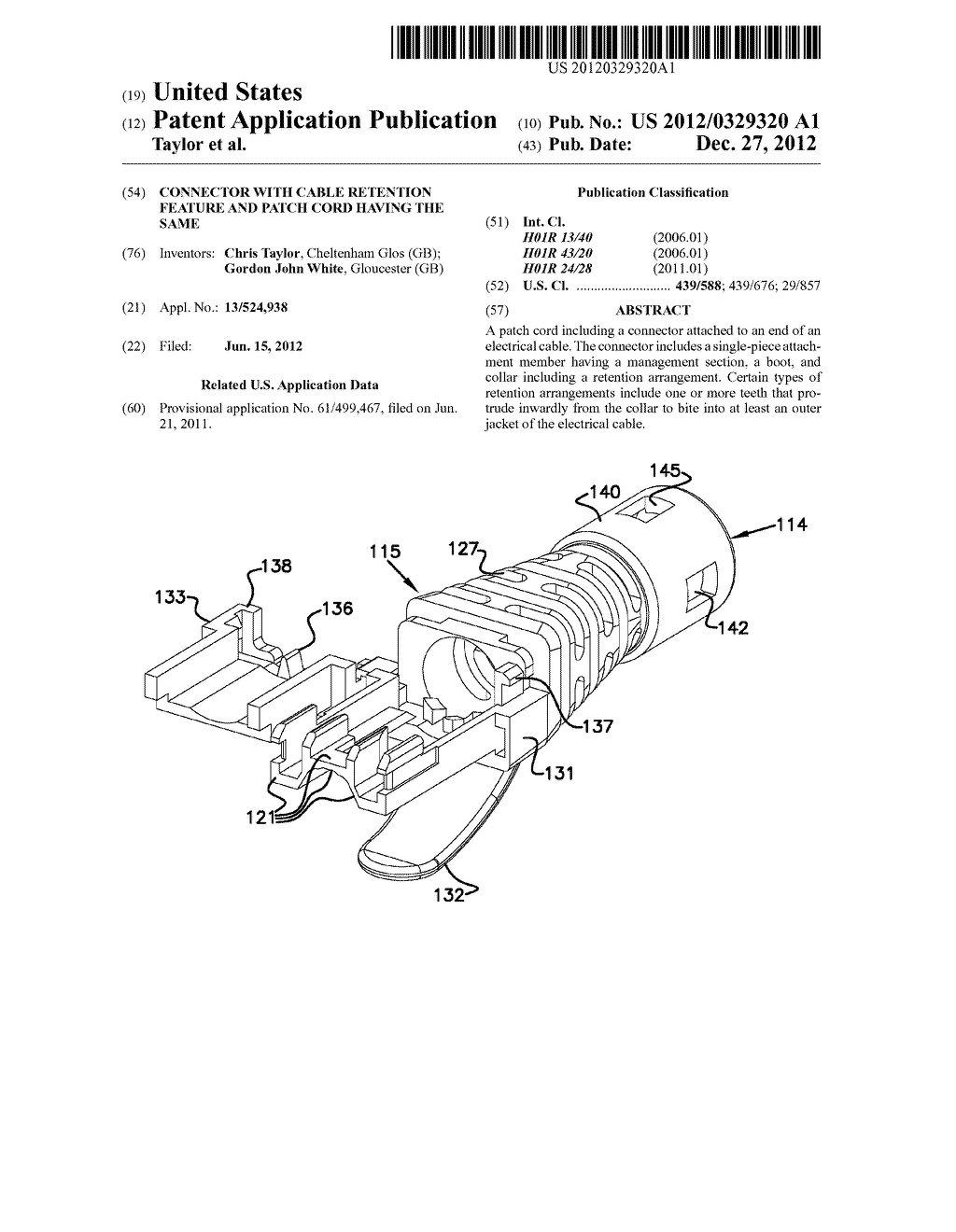 CONNECTOR WITH CABLE RETENTION FEATURE AND PATCH CORD HAVING THE SAME - diagram, schematic, and image 01